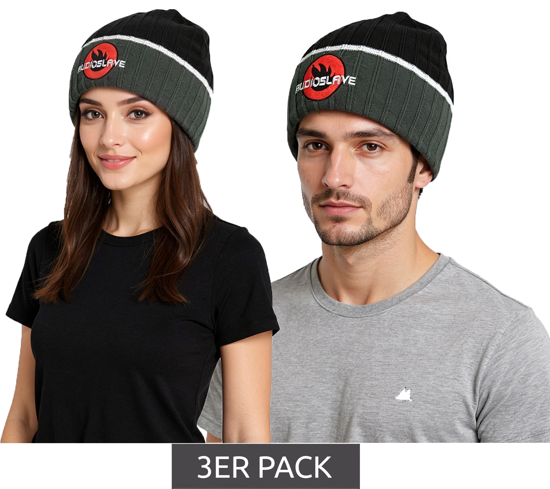 3er Sparpack Audioslave Beanie Rockband kuschelige Mütze mit Logo-Stickerei Winter-Mütze Fan-Artikel 1318AUD Schwarz/Grau/Weiß