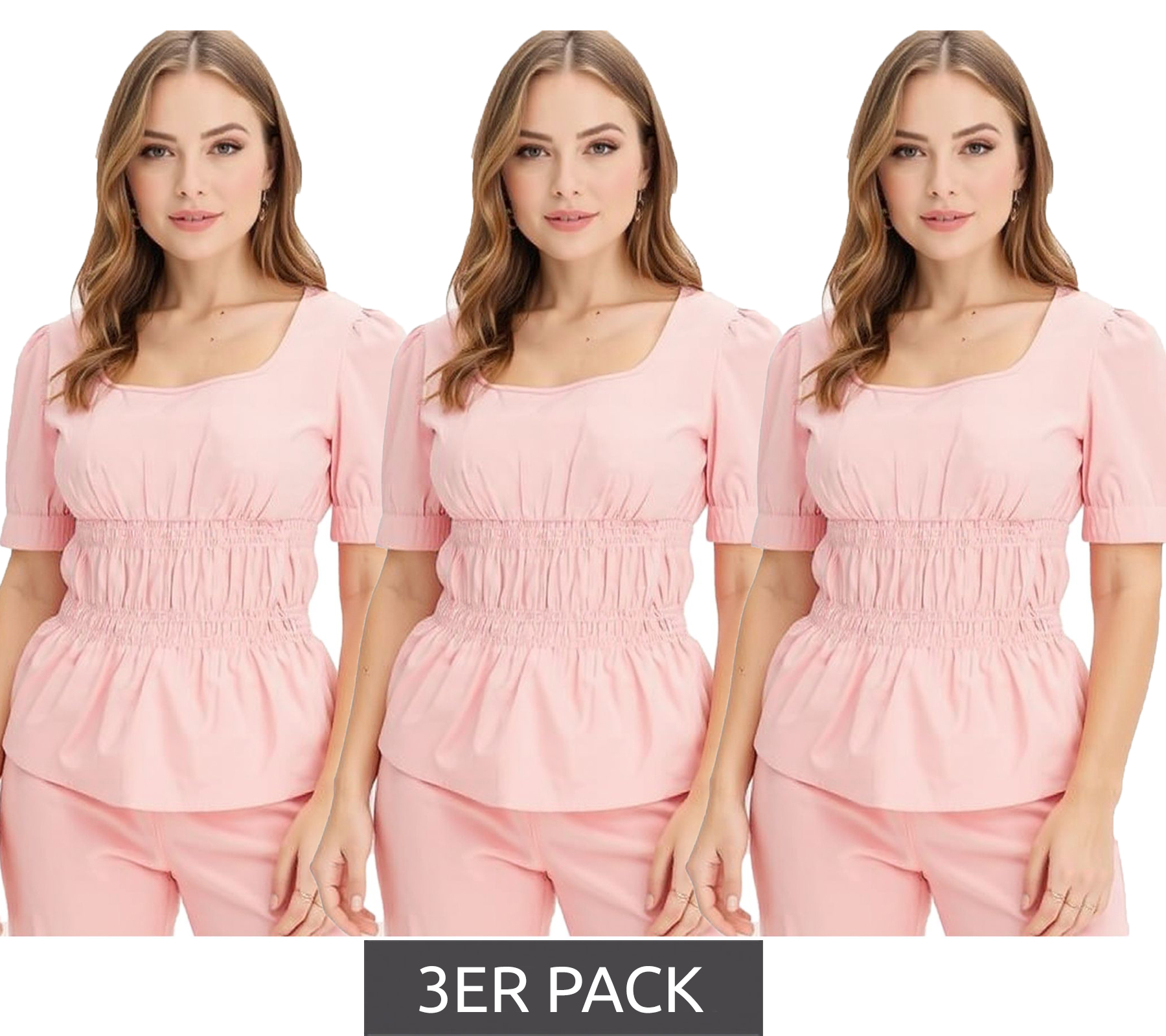 3er Sparpack Damen Bluse mit Puffärmeln Baumwoll-Bluse Sommer-Top Kurzarm-Shirt 963325 Rosa