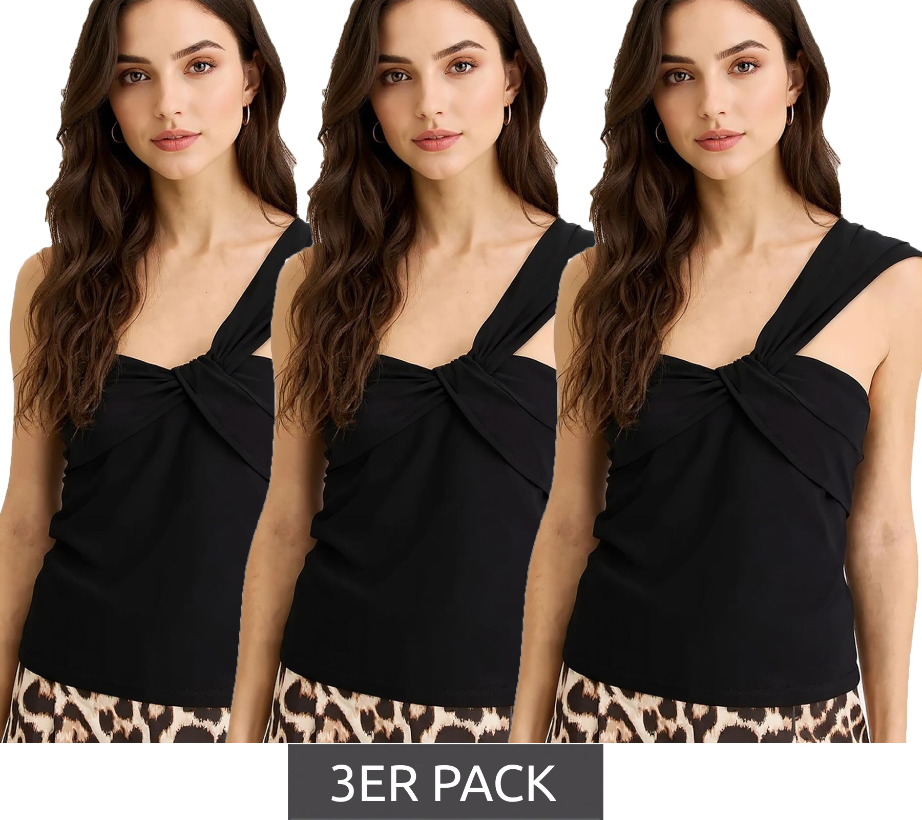 3er Sparpack Damen Sommer-Top asymmetrisches Freizeit-Top in Wickeloptik 906010 Schwarz