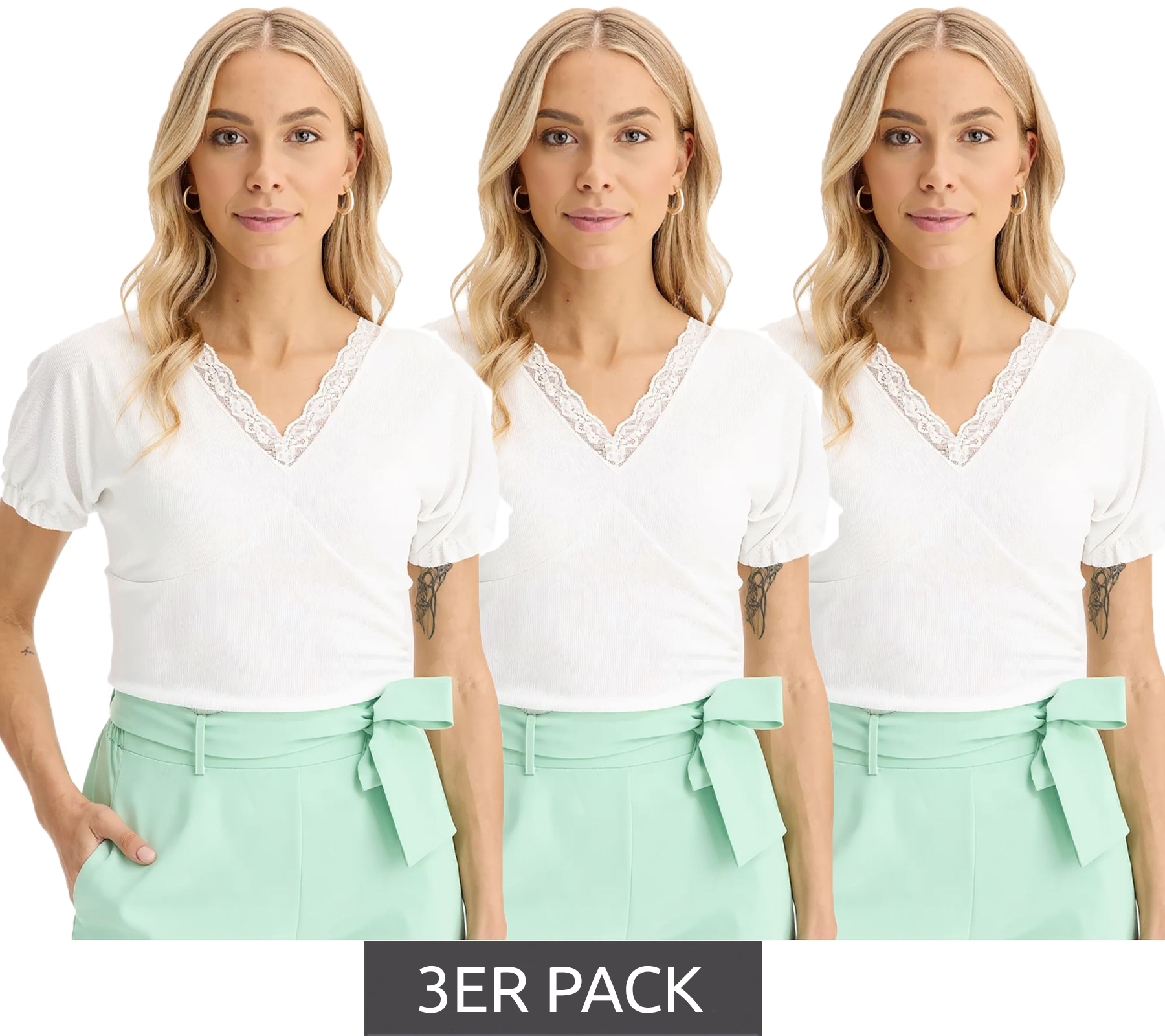 3er Sparpack Damen T-Shirt mit dekorativen Elementen Kurzarm-Shirt 944192 Weiß