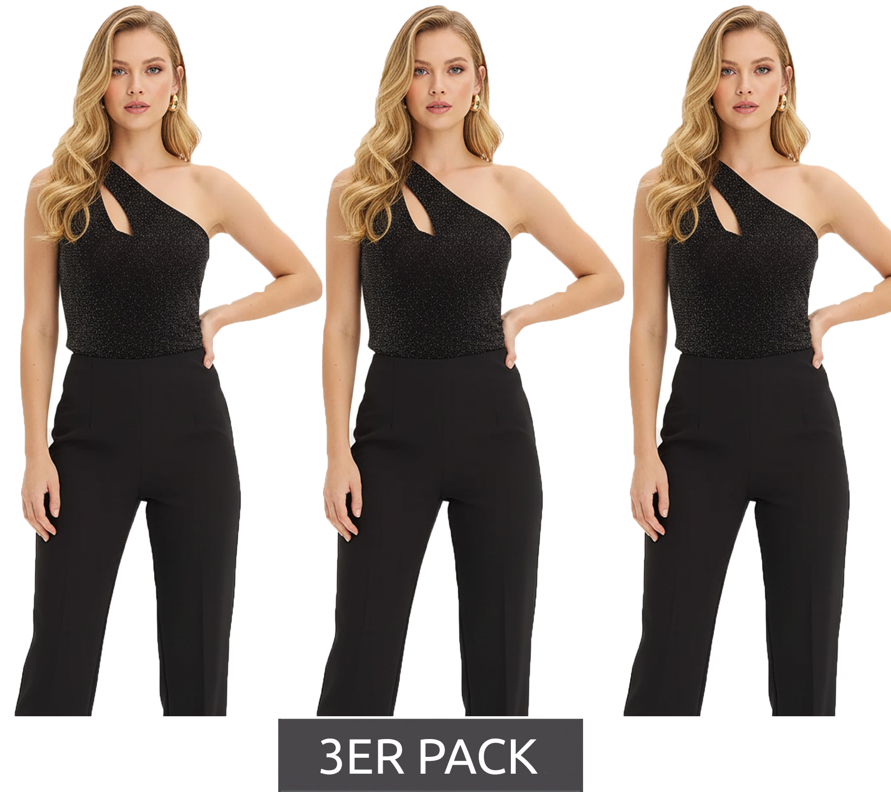 3er Sparpack elegantes Damen One-Shoulder Glitzer-Top mit Cut-Out-Detail Urlaubs-Kleidung 903349 Schwarz/Gold