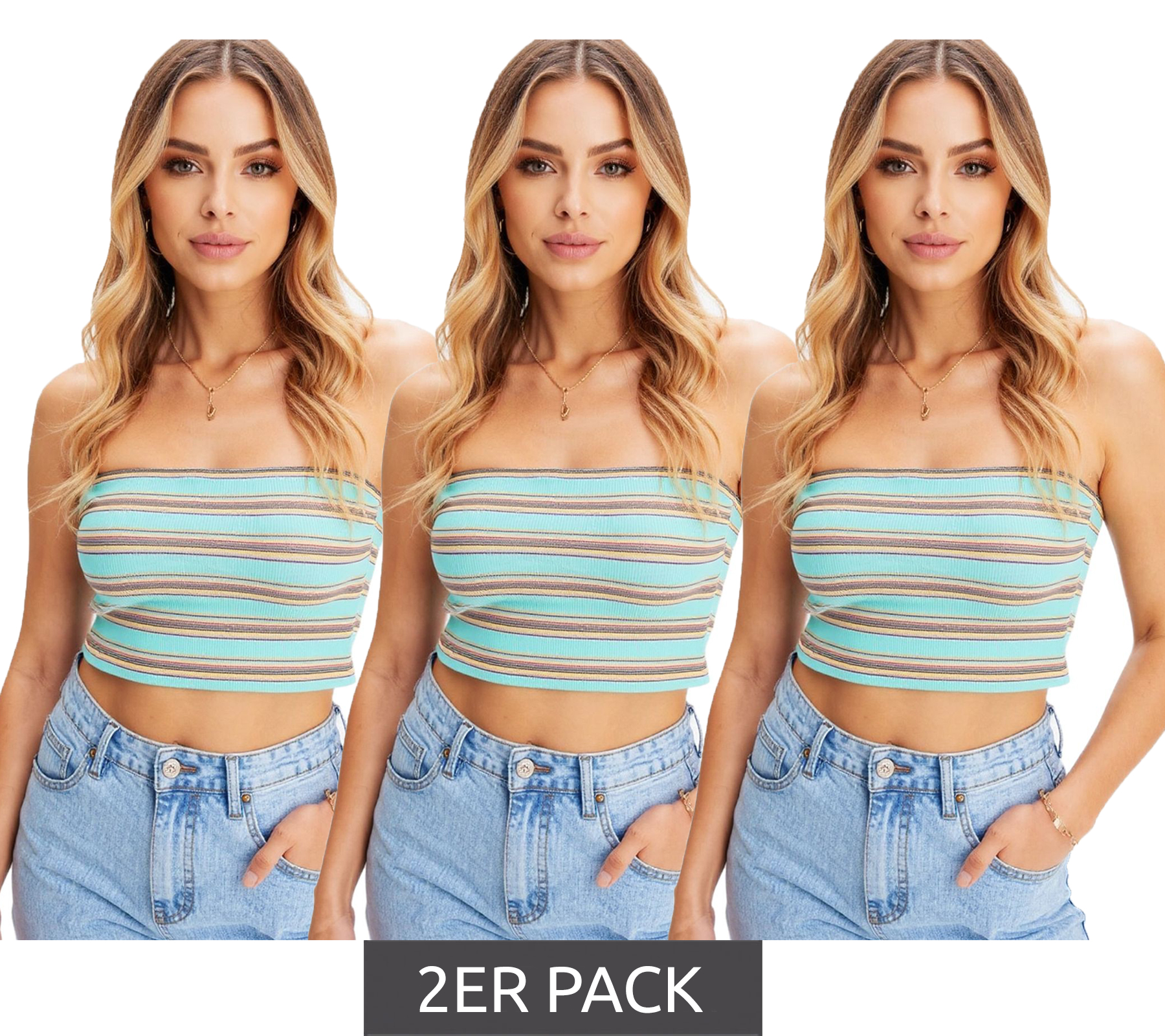 3er Sparpack gestreiftes Damen Bandeau Sommer-Top geripptes Baumwoll-Shirt 947519 Türkis