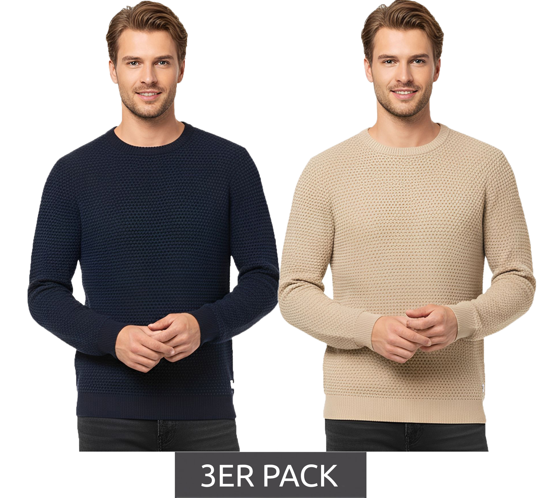 3er Sparpack JACK & JONES JJEATLAS Herren Strick-Pullover im strukturiertem Design Baumwoll-Pullover Knit Crew Neck Sweater 12212816 Beige oder Dunkelblau