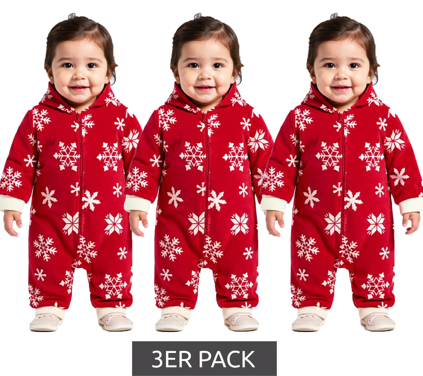 3er Sparpack Jumpsuit Kleinkinder Overall Fleece-Anzug mit Kapuze Schneeflocken-Design mit Reißverschluss Baby-Anzug 954927 Rot/Weiß
