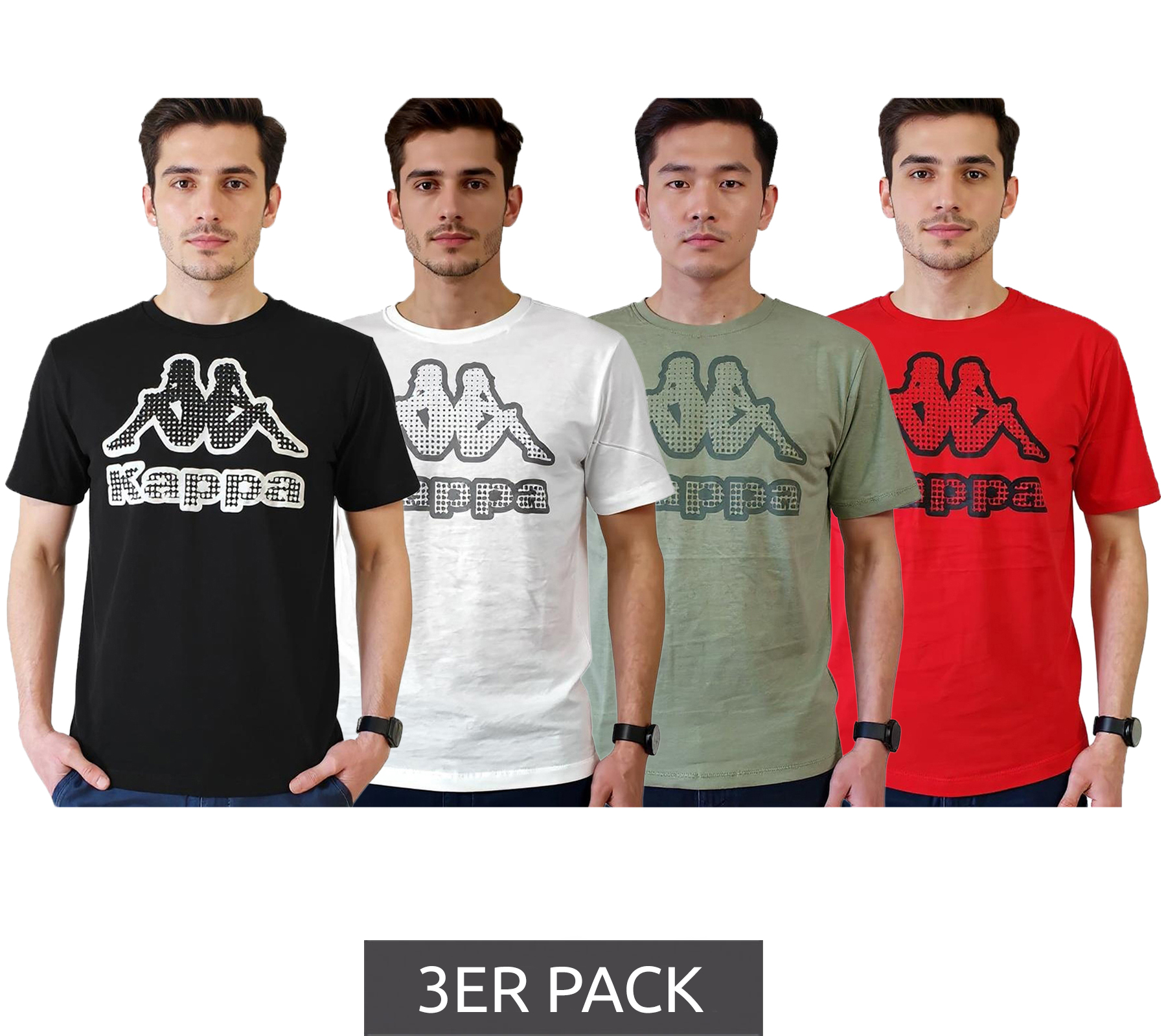 3er Sparpack Kappa Herren Baumwoll-Shirt mit großem Logo Rundhals-Shirt Kurzarm-Shirt T-Shirt Oeko-Tex 100 zertifiziert 7085/8191 Schwarz, Grün, Weiß oder Rot