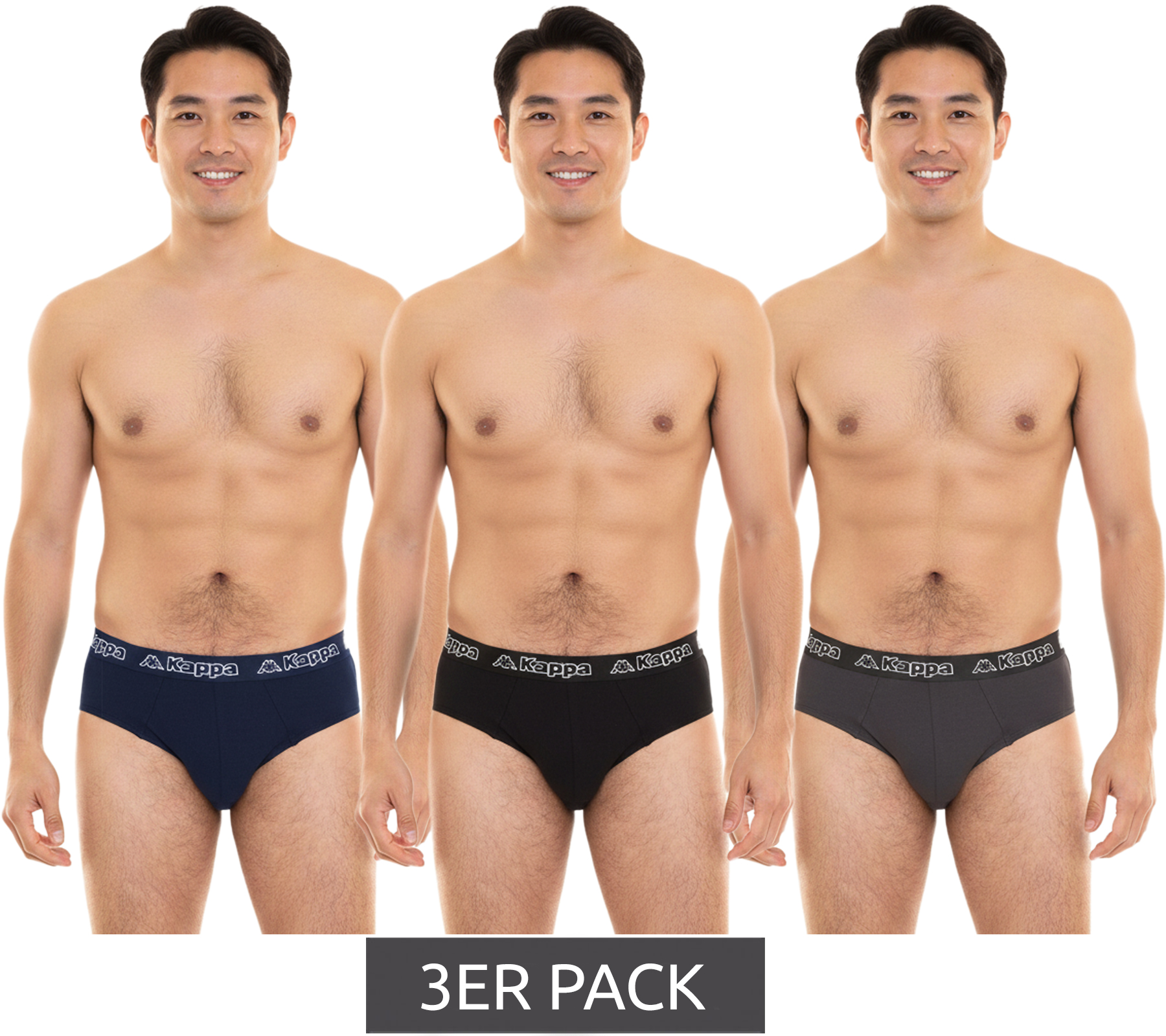 3er Sparpack Kappa Herren Slip mit Baumwoll-Stretch Unterwäsche mit Logobund Unterhose 711167 Schwarz, Blau oder Grau