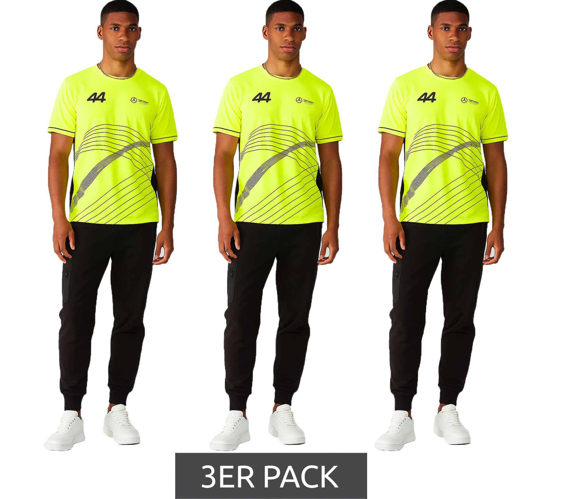 3er Sparpack Mercedes-Benz AMG Petronas F1 Herren T-Shirt Lewis Hamilton Kurzarm-Trikot 701227120 001 Neon-Gelb