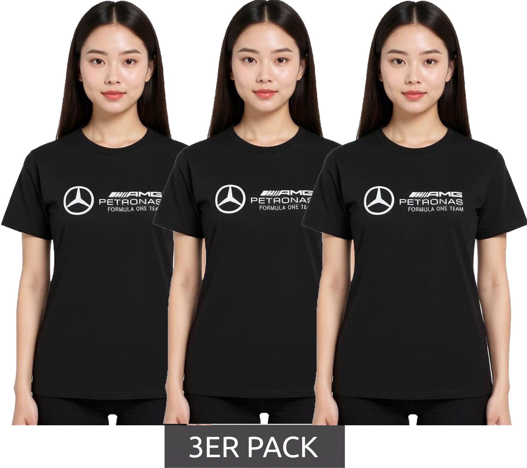 3er Sparpack Mercedes-Benz AMG Petronas F1 MAPF Damen T-Shirt Baumwoll-Shirt mit großem Logo Kurzarm-Shirt 701227045 001 Schwarz