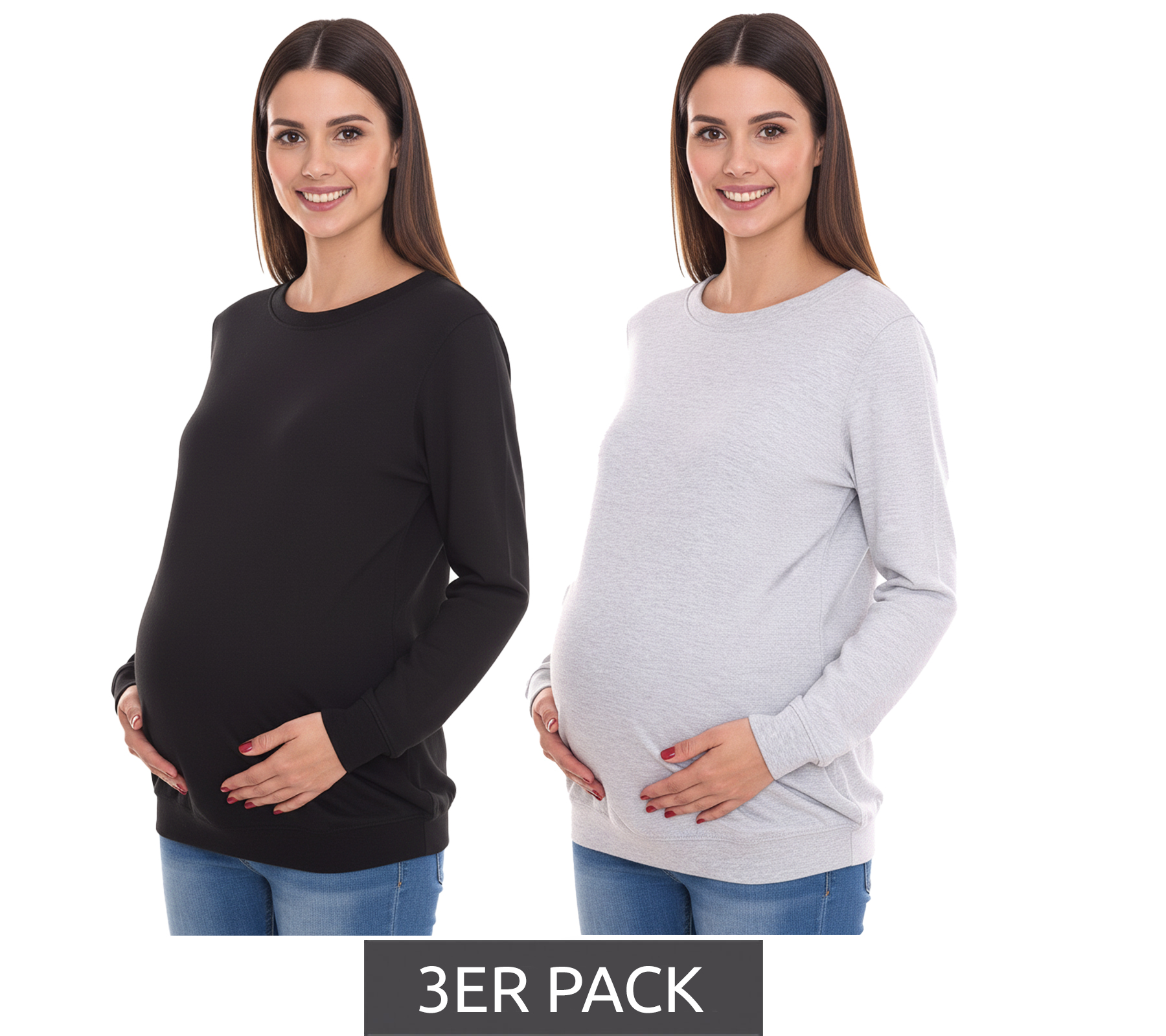 3er Sparpack neun 9 monate Damen schlichtes Schwangerschafts-Shirt Umstands-Mode Grau oder Schwarz
