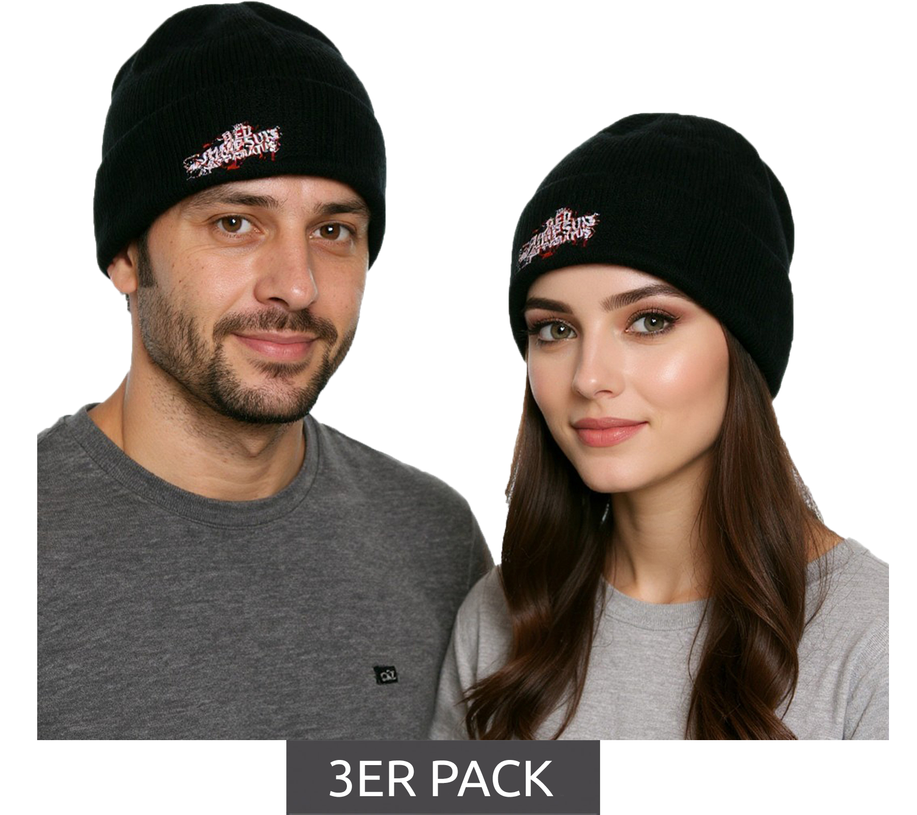 3er Sparpack RED JUMPSUIS APPARATUS Unisex Beanie Baumwoll-Mütze im klassischen Schnitt KC110824RJA Schwarz/Rot/Weiß