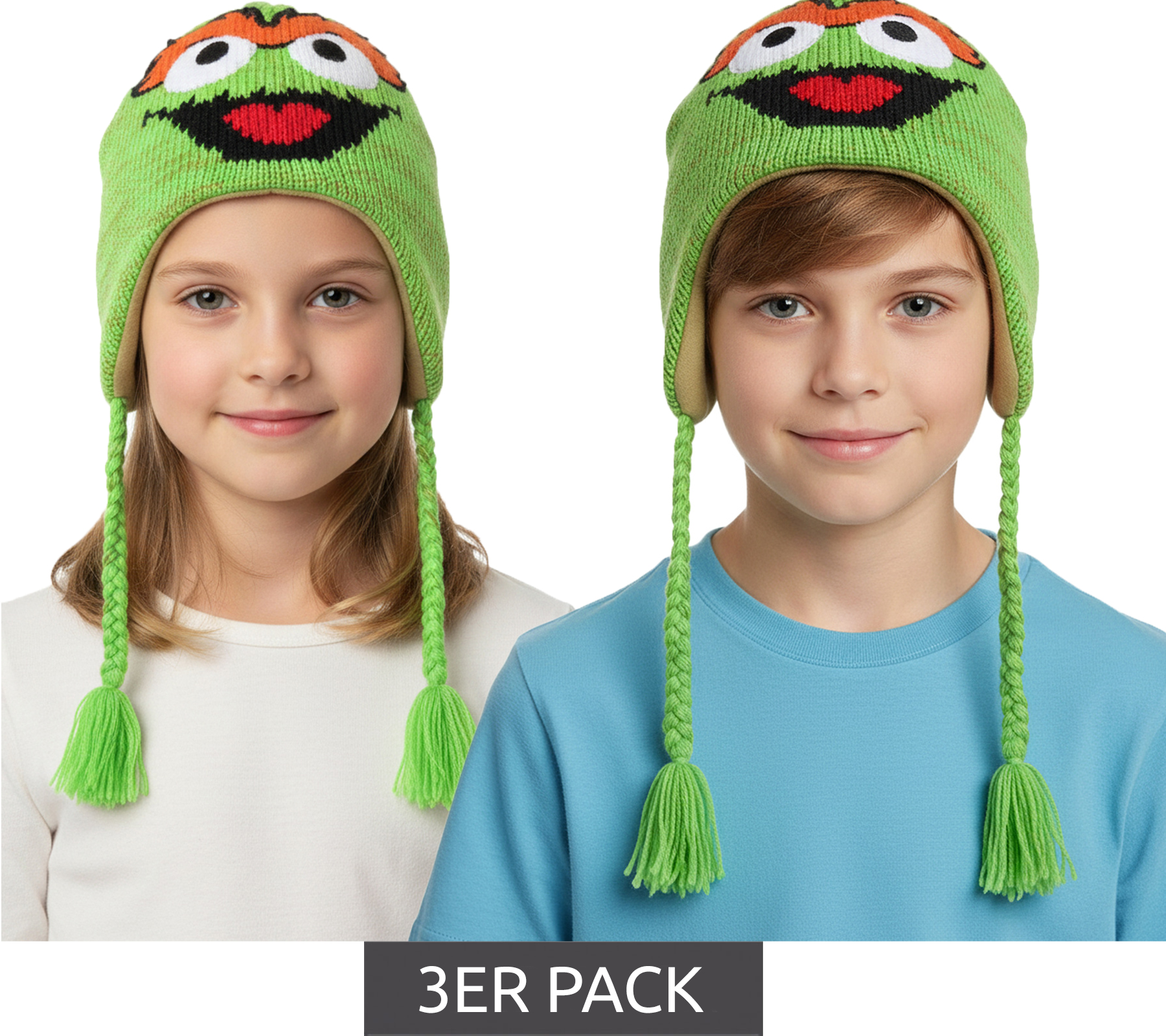3er Sparpack Sesamstraße Oskar aus der Tonne Mütze Kinder Beanie mit Zöpfen KC148220SES Grün