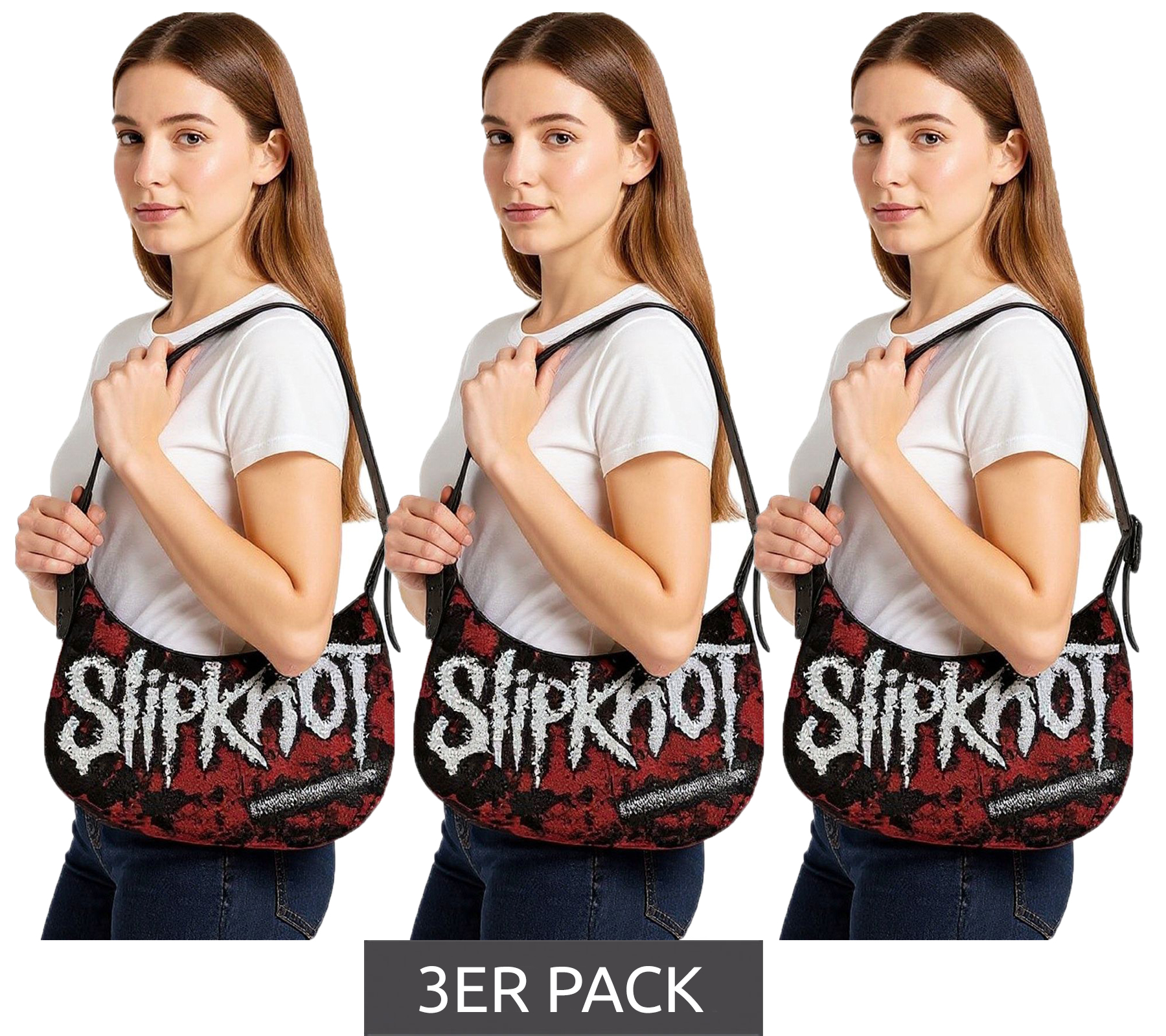 3er Sparpack Slipknot Metal-Band Umhänge-Tasche stylische Einkaufstasche Fan-Artikel LB111185SLPO Schwarz/Rot/Weiß