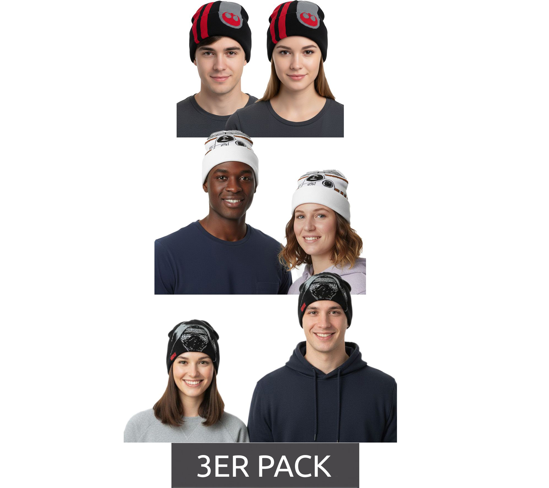 3er Sparpack Star Wars Beanie für Damen oder Herren Strick-Mütze in Einheitsgröße Fan Artikel Winter-Mütze in Schwarz oder Weiß