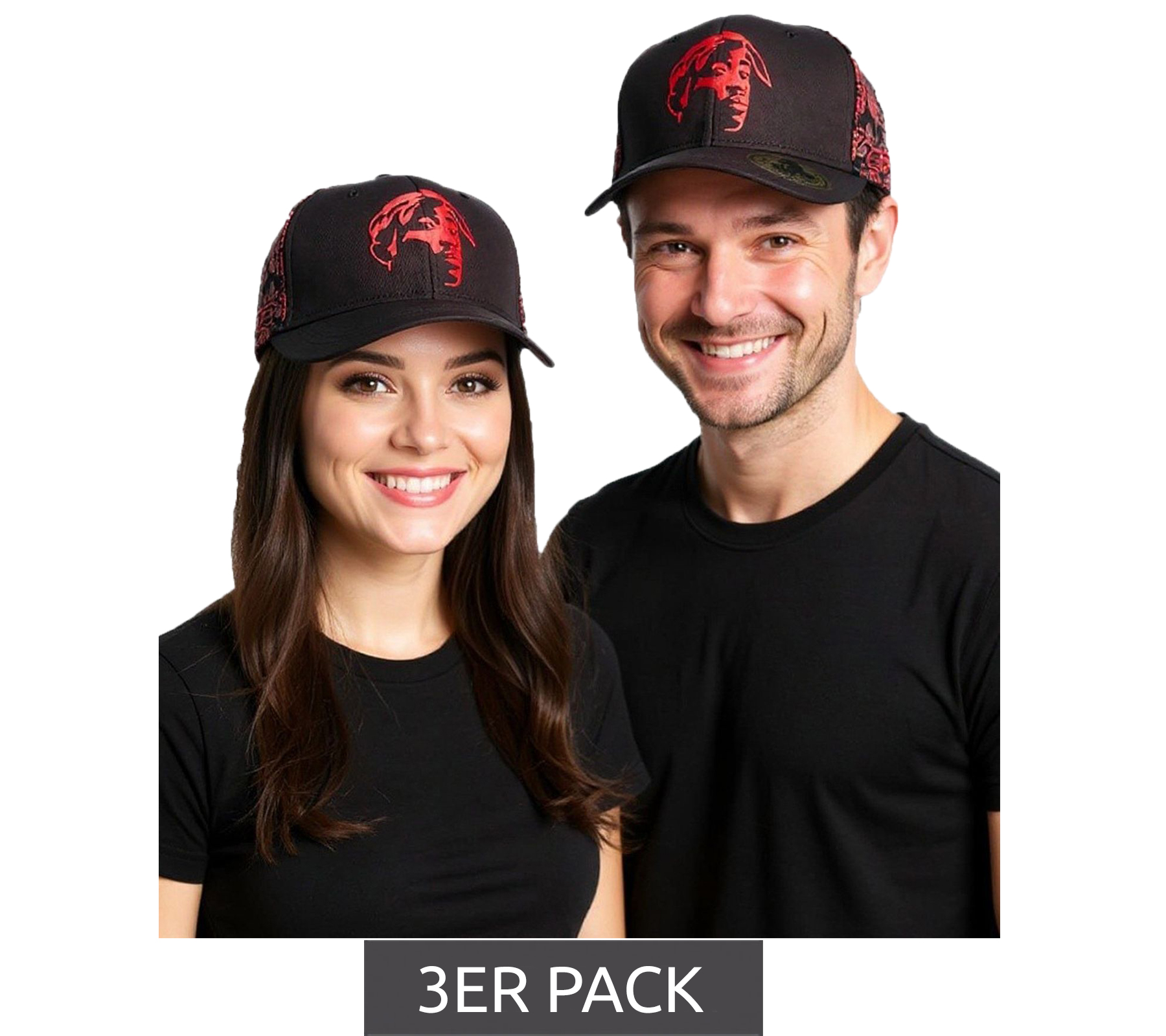 3er Sparpack Tupac Damen und Herren Hip Hop Cap mit Tupac-Stickerei 2PAC Flat-Rim TC108517TUP3 Schwarz/Rot