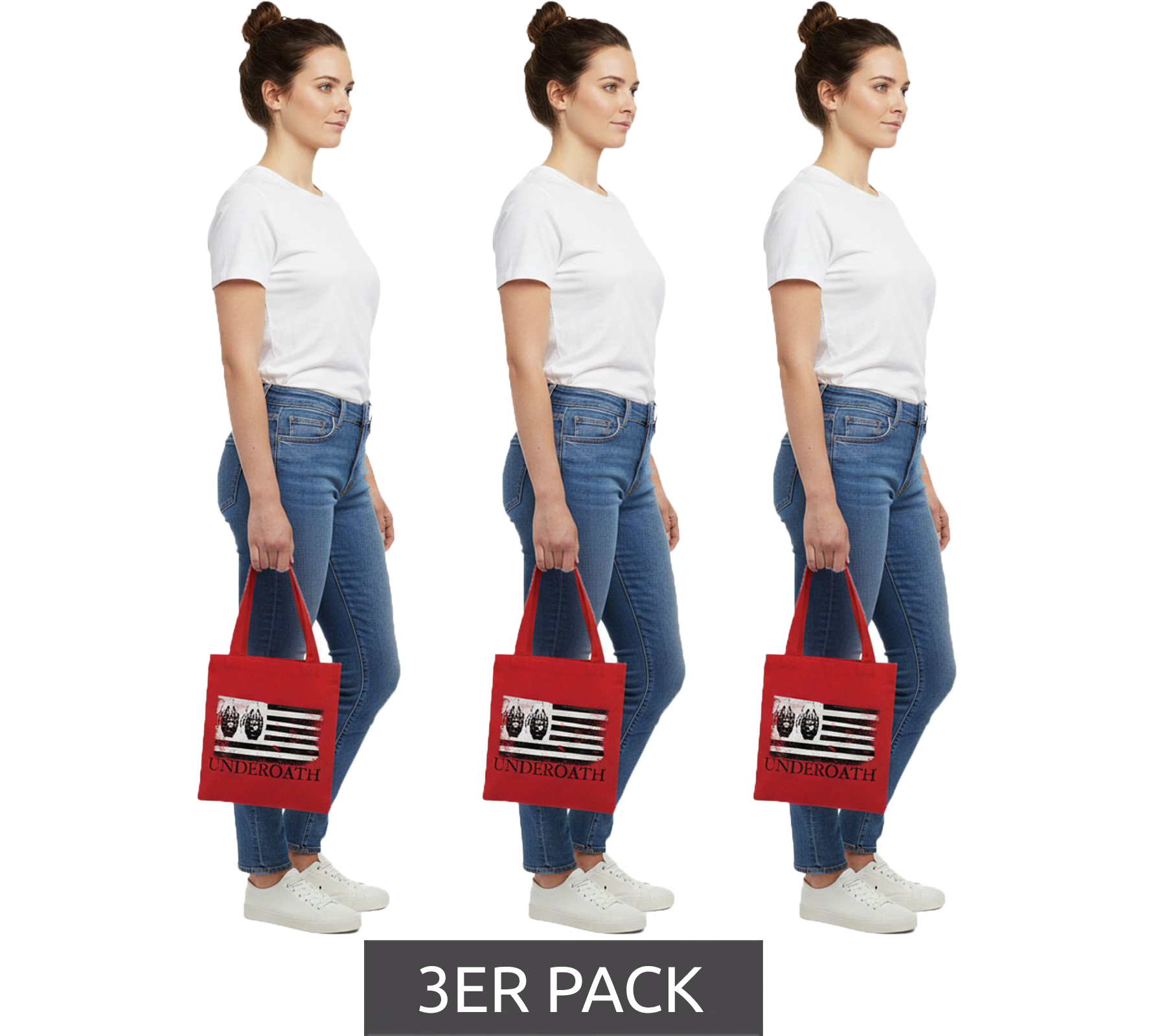 3er Sparpack Underoath Metalcore-Band Umhänge-Tasche stylische Einkaufstasche Fan-Artikel 31 x 33 x 3 cm LB1071901UND Rot/Schwarz/Weiß