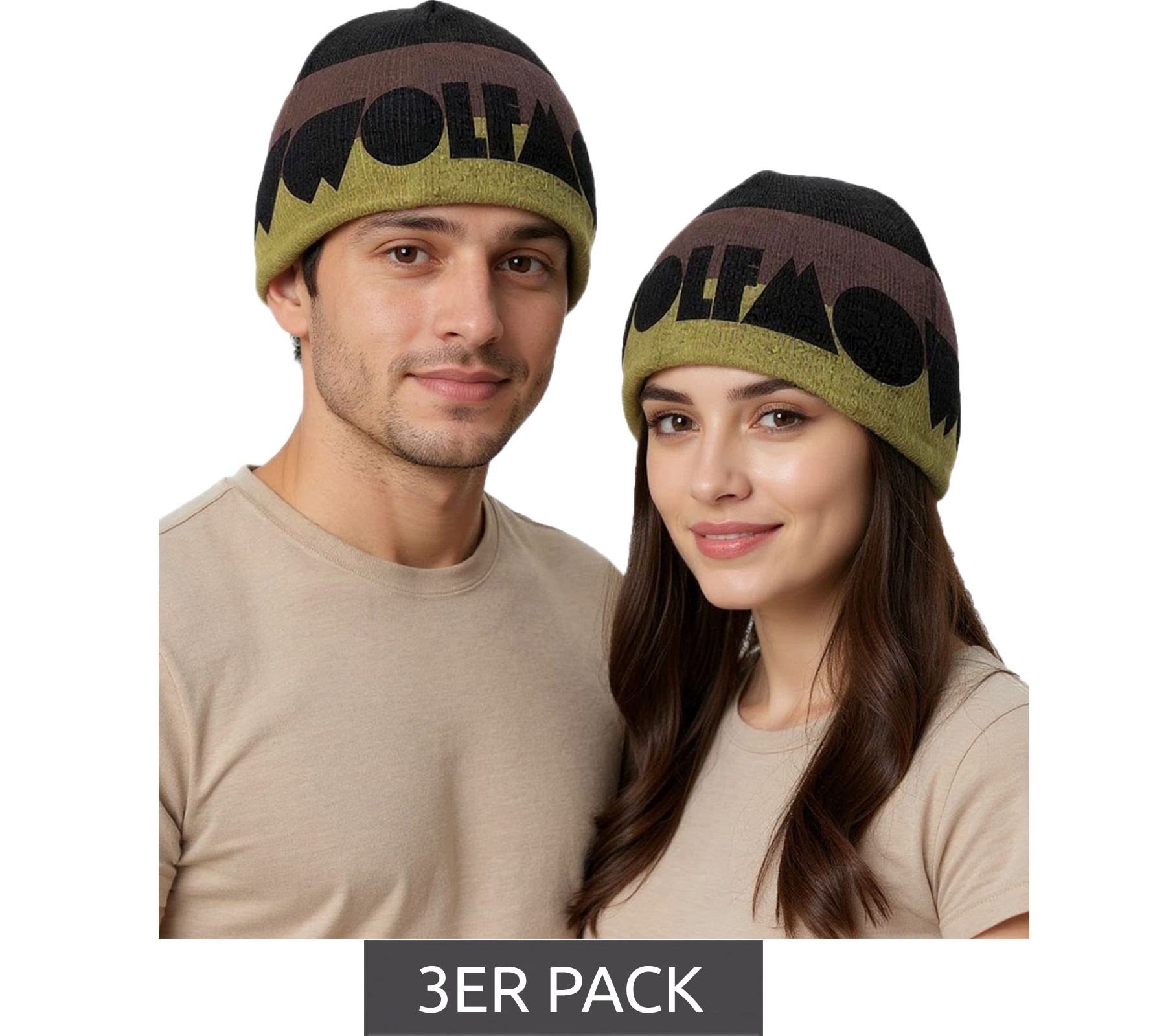 3er Sparpack Wolfmother Beanie kuschelige Mütze stylische Strick-Beanie Fan-Artikel KC109932WLM Schwarz/Grau/Gelb