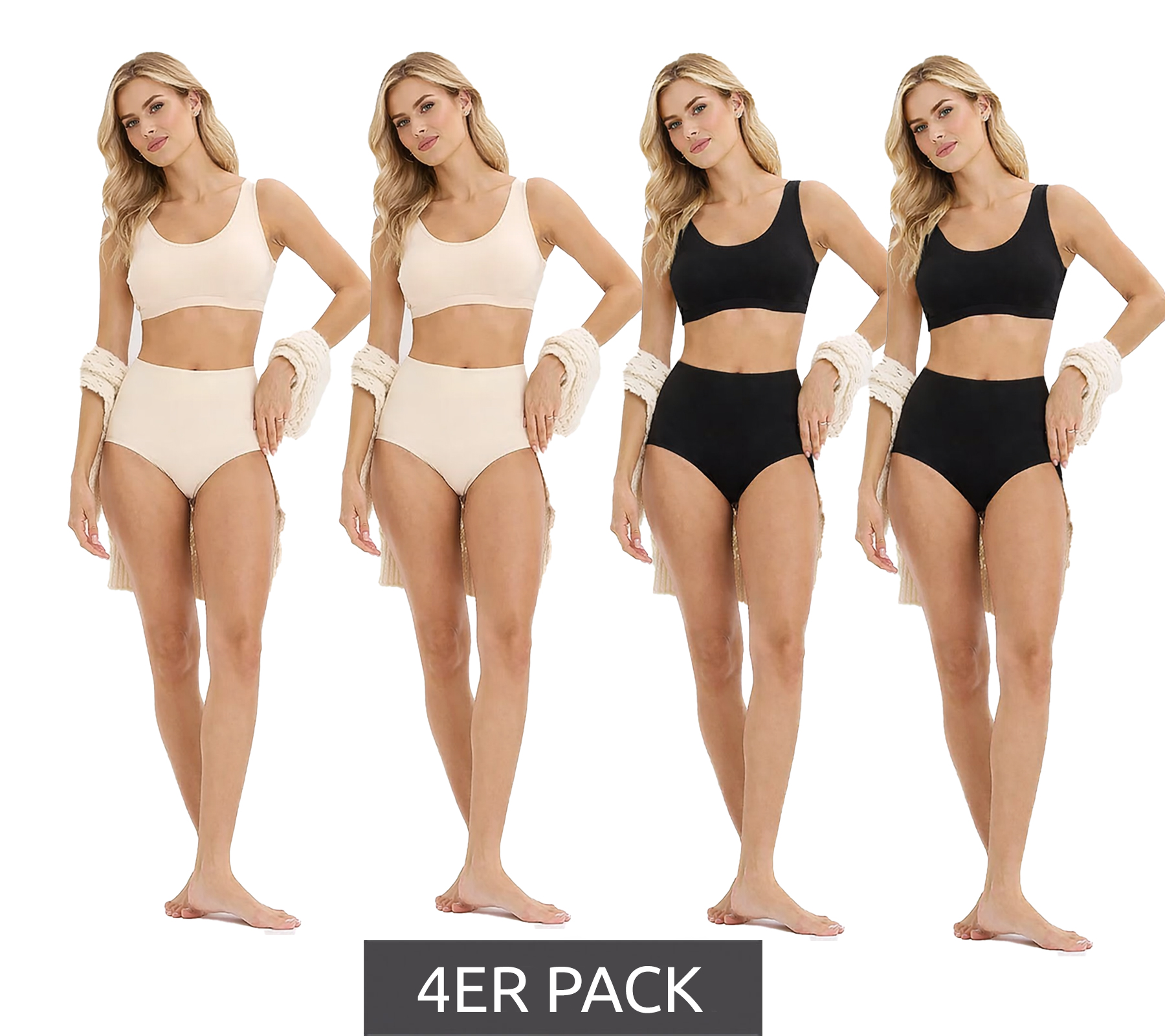 4er Pack Damen komfortabler Taillen-Slip Unterwäsche aus glatter Mikrofaser nachhaltige High-Waist Unterhose 952192 Schwarz/Beige