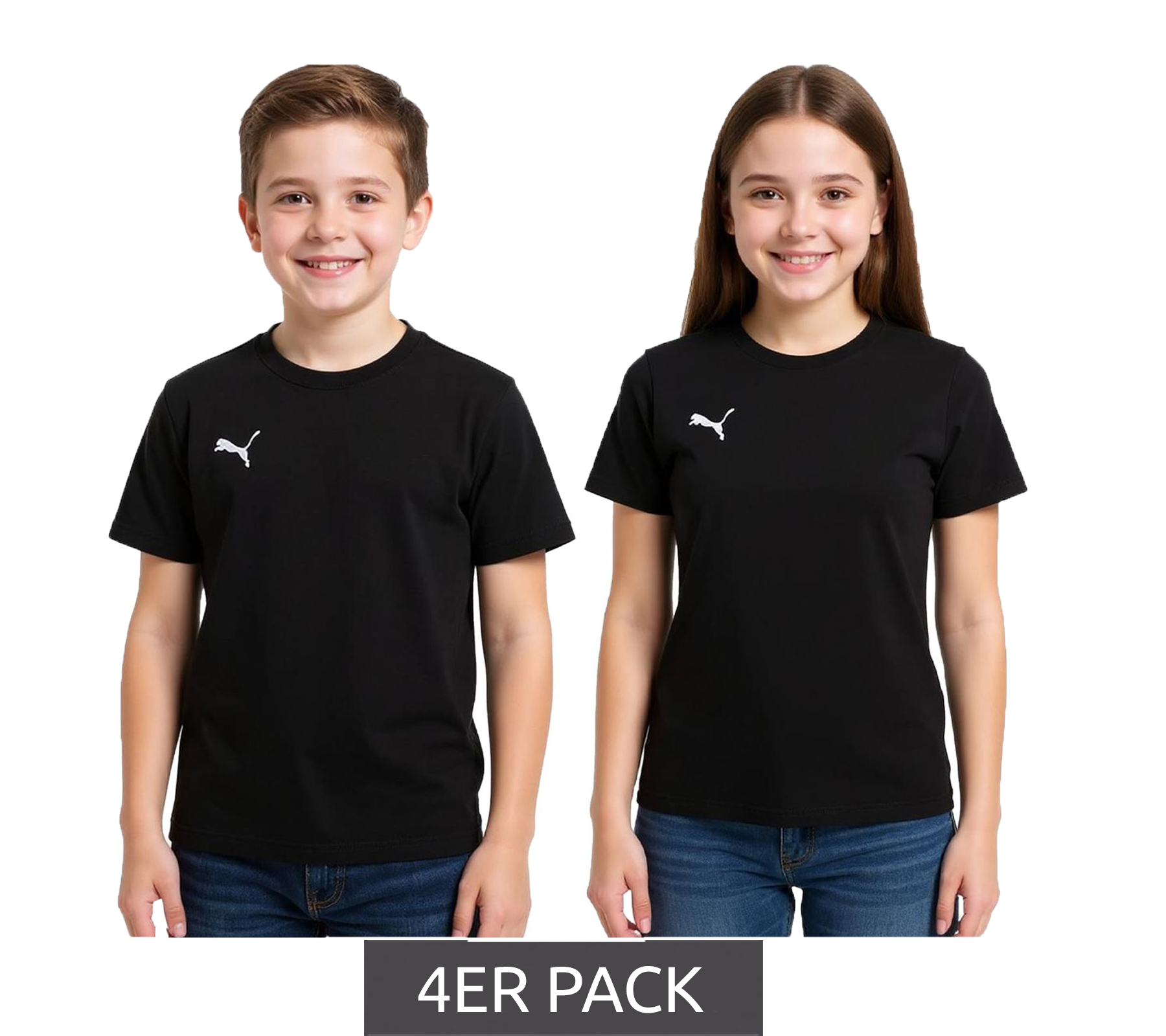 4er Sparpack PUMA TeamGoal 23 Jungen & Mädchen Sport-Shirt Baumwoll-Shirt mit Logo-Patch T-Shirt 656709 03 Schwarz