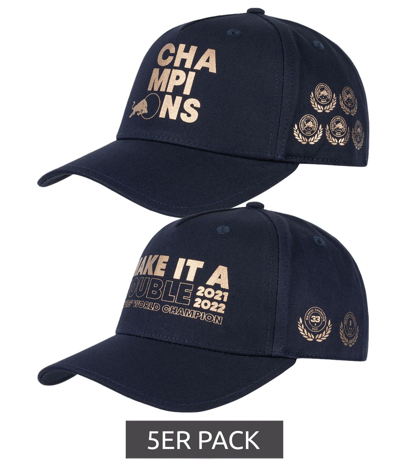 5er Pack Oracle Red Bull Racing x Verstappen FW 2022 Champions Meisterschafts-Cap "Make it a double" oder "Champions" Navy