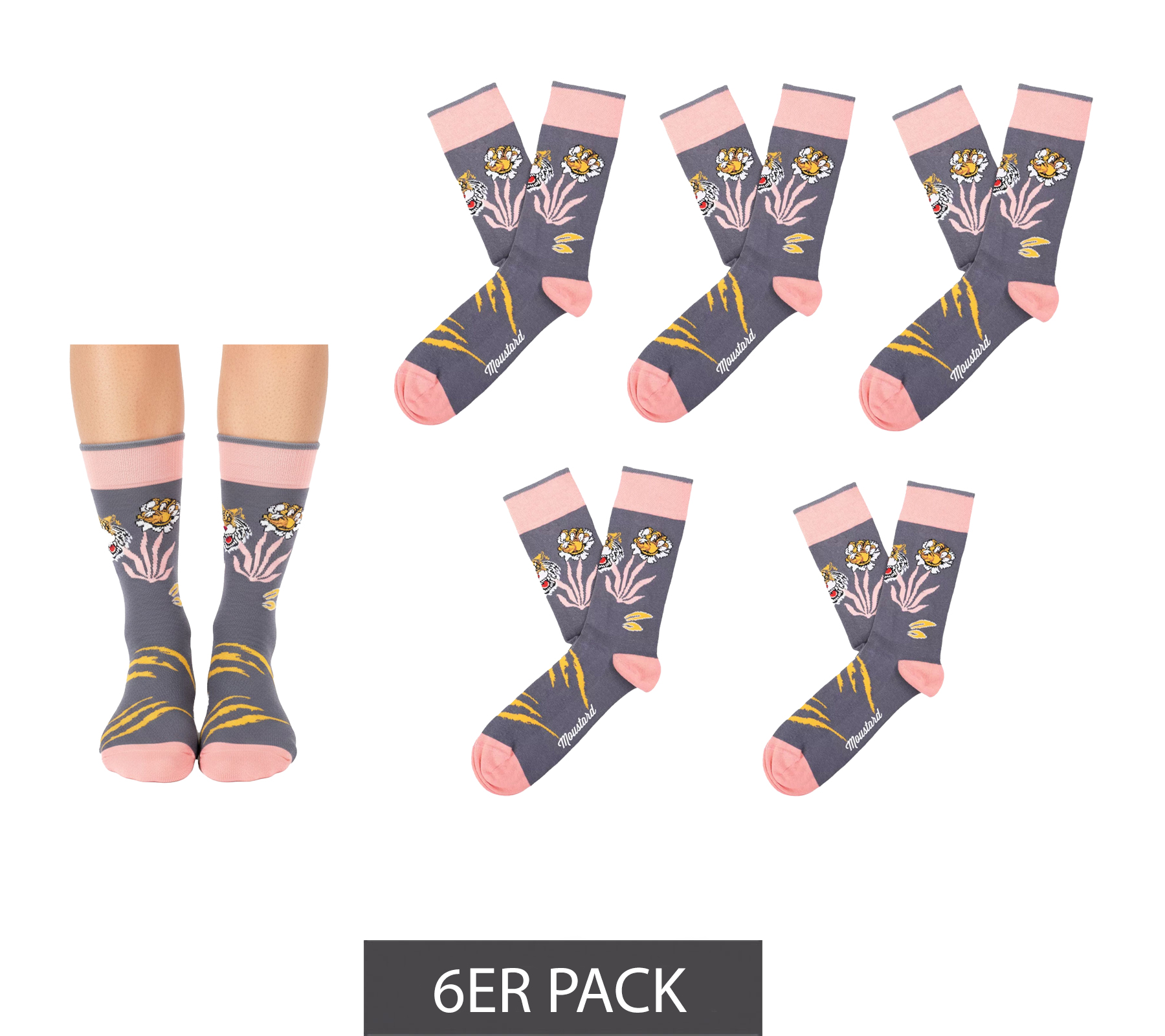 6 Paar Moustard Bengal Baumwoll-Socken mit bengalischem Tiger gemusterte lange Strümpfe 22S-BENGAL Grau/Rosa