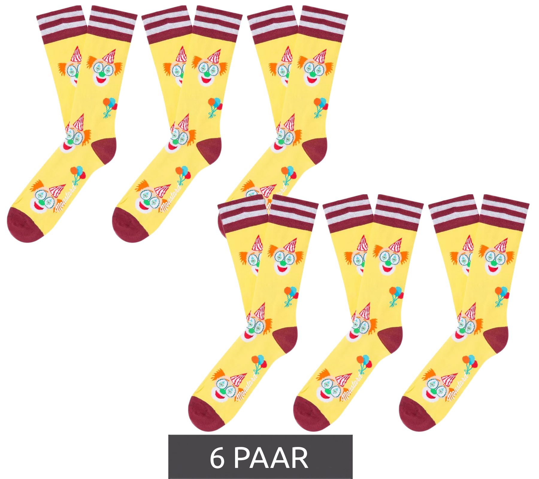6 Paar Moustard Clown Baumwoll-Socken mit Clown-Print und Ballons gemusterte lange Strümpfe 20S-CLOWN-W Gelb/Rot/Weiß