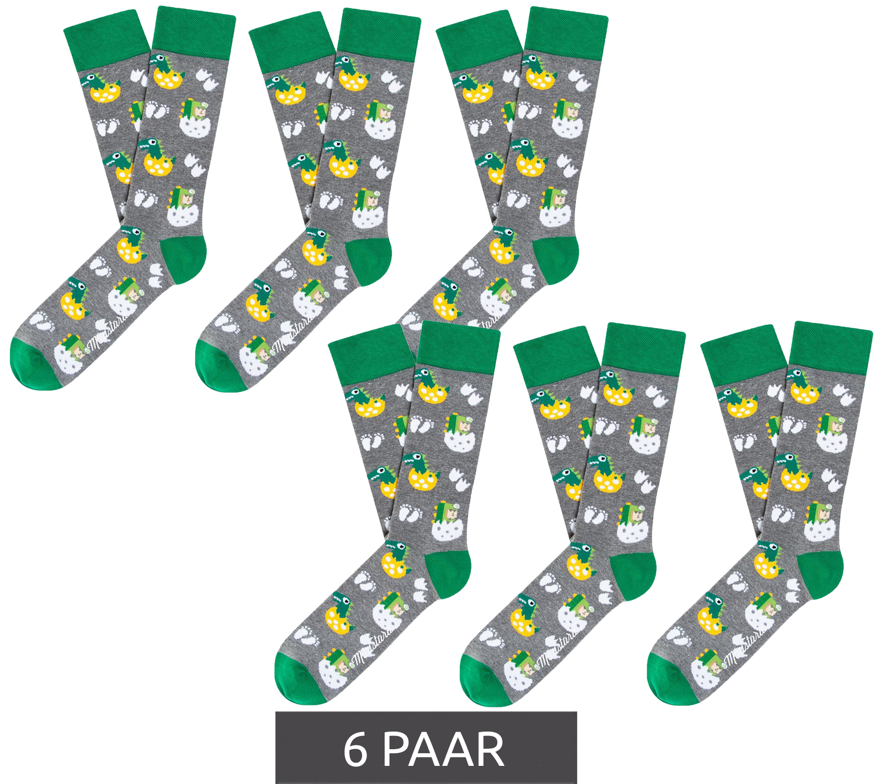 6 Paar Moustard Dinosaur Egg Hatch Baumwoll-Socken mit schlüpfenden Dinosauriern gemusterte lange Strümpfe 18S-EGG Grau/Weiß/Grün