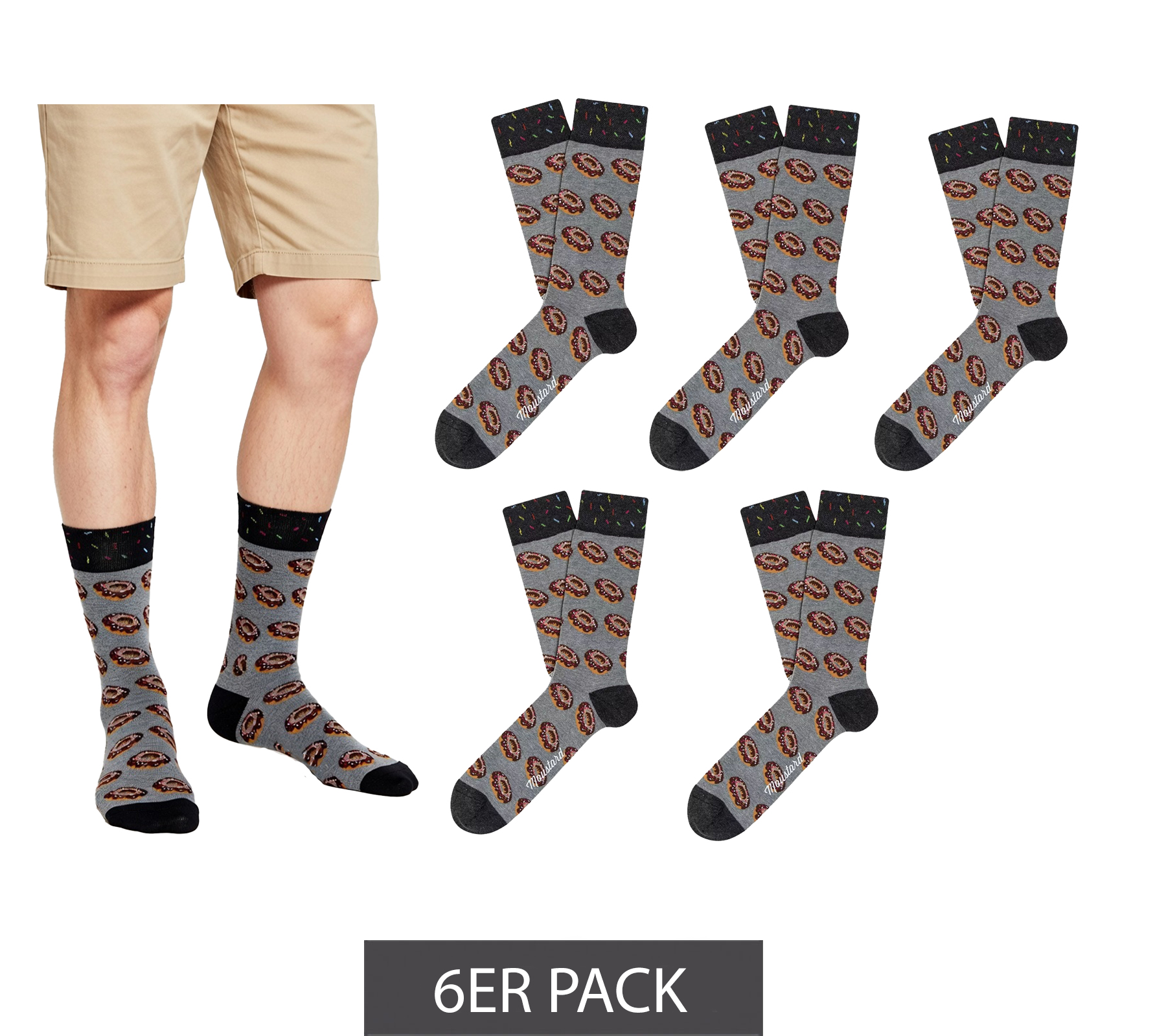 6 Paar Moustard Donut Baumwoll-Socken mit glasierten Donuts gemusterte lange Strümpfe 18S-DON Grau/Braun