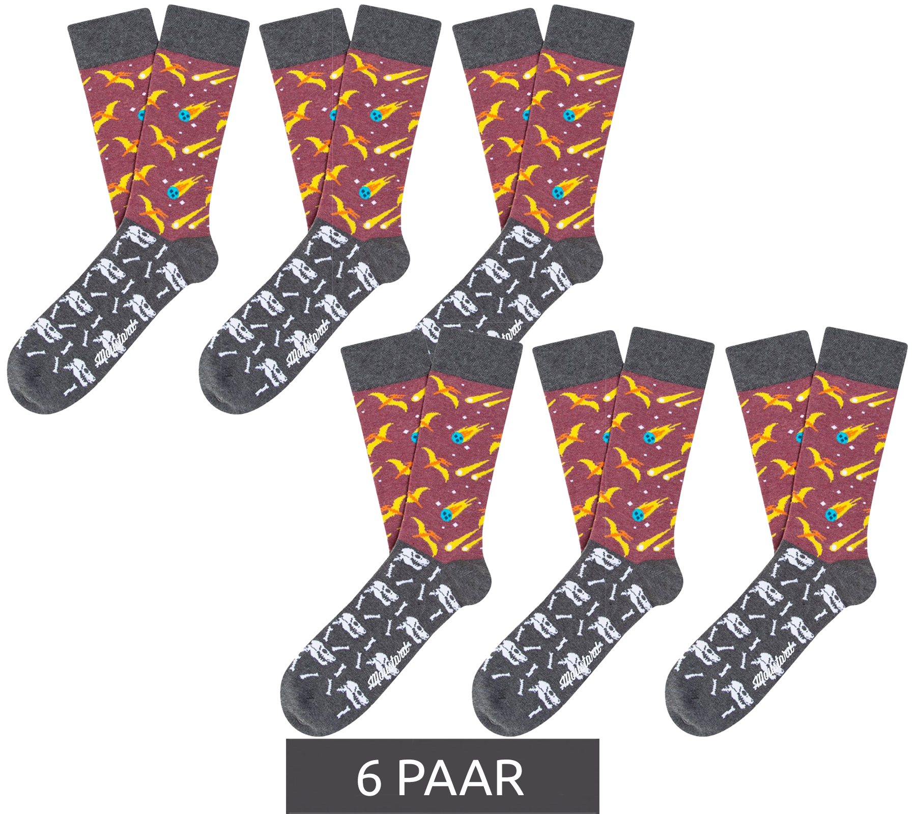6 Paar Moustard Extinction Baumwoll-Socken mit Kometen und Dinosauriern gemusterte lange Strümpfe 18S-EXT Grau/Rosa/Bunt