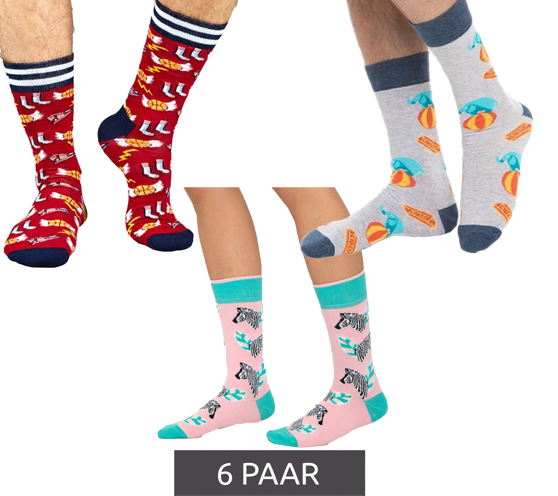 6 Paar Moustard Herren Baumwoll-Socken mit Allover-Print gemusterte lange Damen Strümpfe mit Elefanten, Zebras oder Basketbällen Rot, Rosa oder Grau