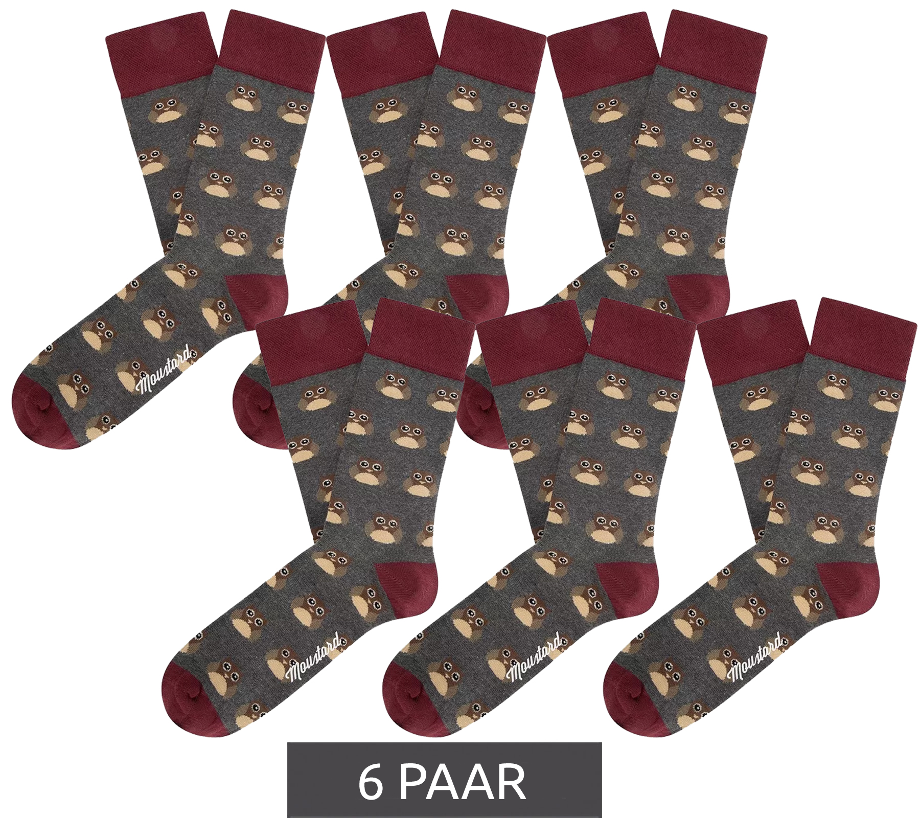 6 Paar Moustard Owl Baumwoll-Socken mit Eulen-Allover-Print gemusterte lange Strümpfe 20S-OWL Grau/Rot/Beige