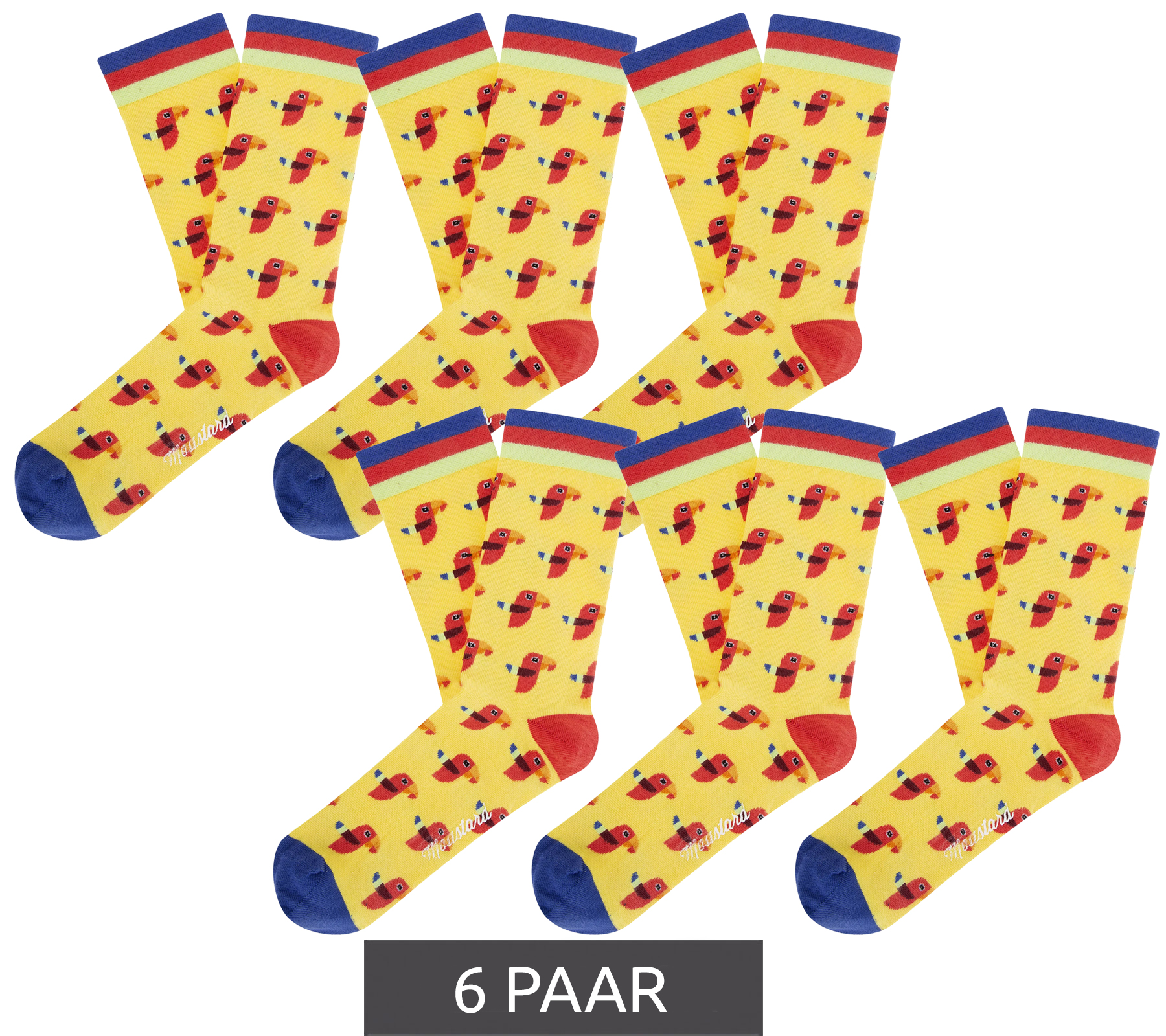 6 Paar Moustard Parrot Baumwoll-Socken mit Papageien-Print gemusterte lange Strümpfe 17S-PARR Gelb/Rot/Blau
