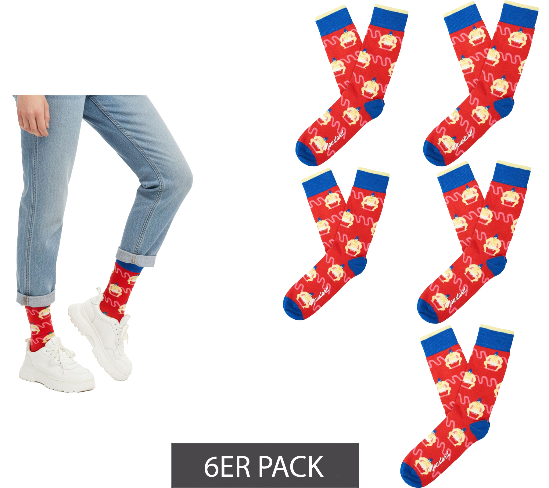 6 Paar Moustard Sumo Baumwoll-Socken mit Sumoringern gemusterte lange Strümpfe 22S-SUMO Rot/Blau