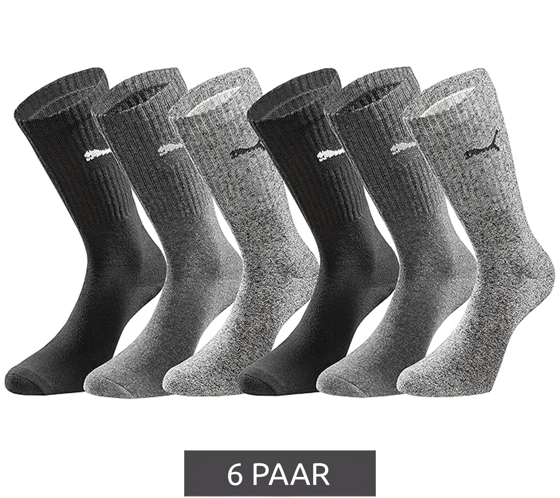 6 Paar PUMA Crew-Socken dickere Business-Strümpfe mit gepolsterten Fußbereich Baumwoll-Socken atmungsaktive Alltags-Socken lange Strümpfe extra weicher Bund 701224759 002 Schwarz/Anthrazit/Grau meliert