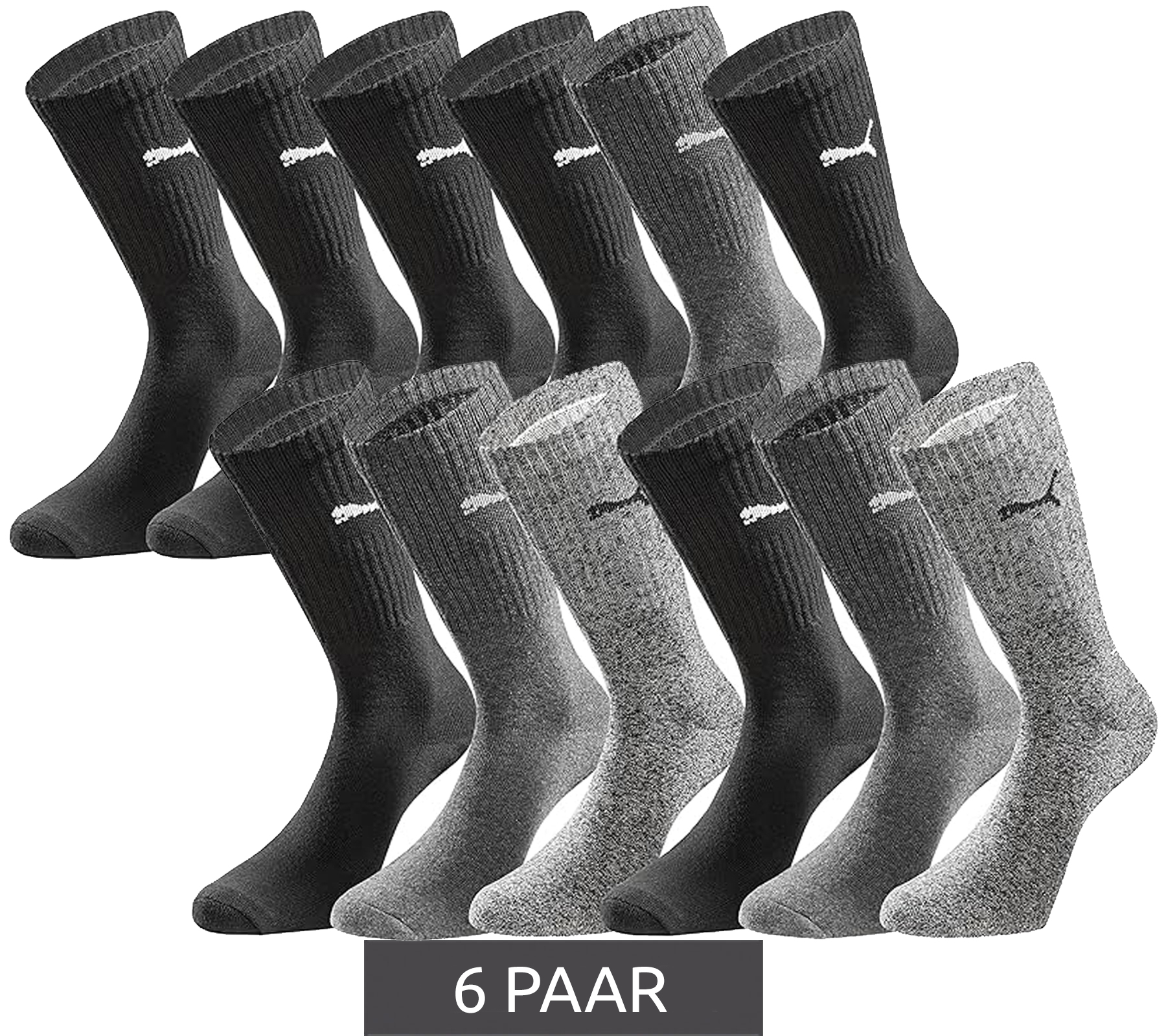 6 Paar PUMA Crew-Socken dickere Business-Strümpfe mit gepolsterten Fußbereich Baumwoll-Socken atmungsaktive Alltags-Socken lange Strümpfe extra weicher Bund 701224759 Schwarz/Anthrazit/Grau
