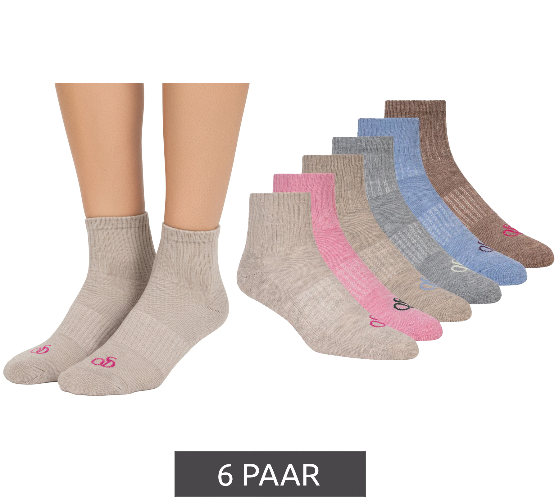 6 Paar SCOTCH & SODA Damen 1/2-Frottee Quarter-Crew-Socken Alltags-Strümpfe Business-Socken Größe 35.5-39.5 SS123620 280 Beige, Rosa, Hellbeige, Grau, Hellblau, Braun