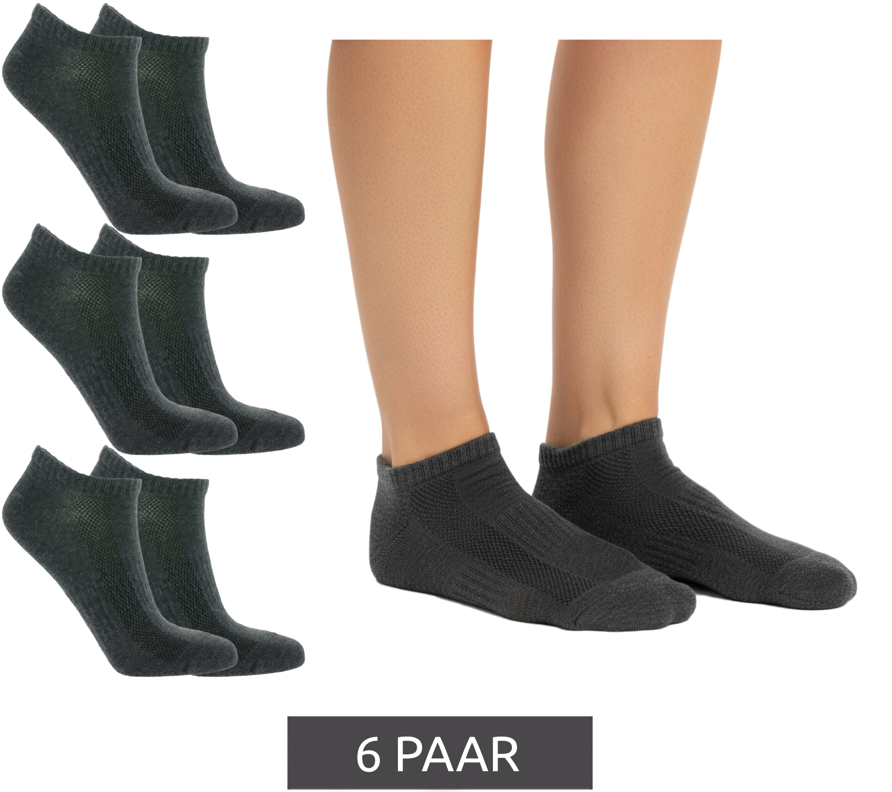 6 Paar TASTIQ Damen & Kinder Sneaker-Socken schlichte Baumwoll-Socken in Geschenkbox Sport-Socken Grau