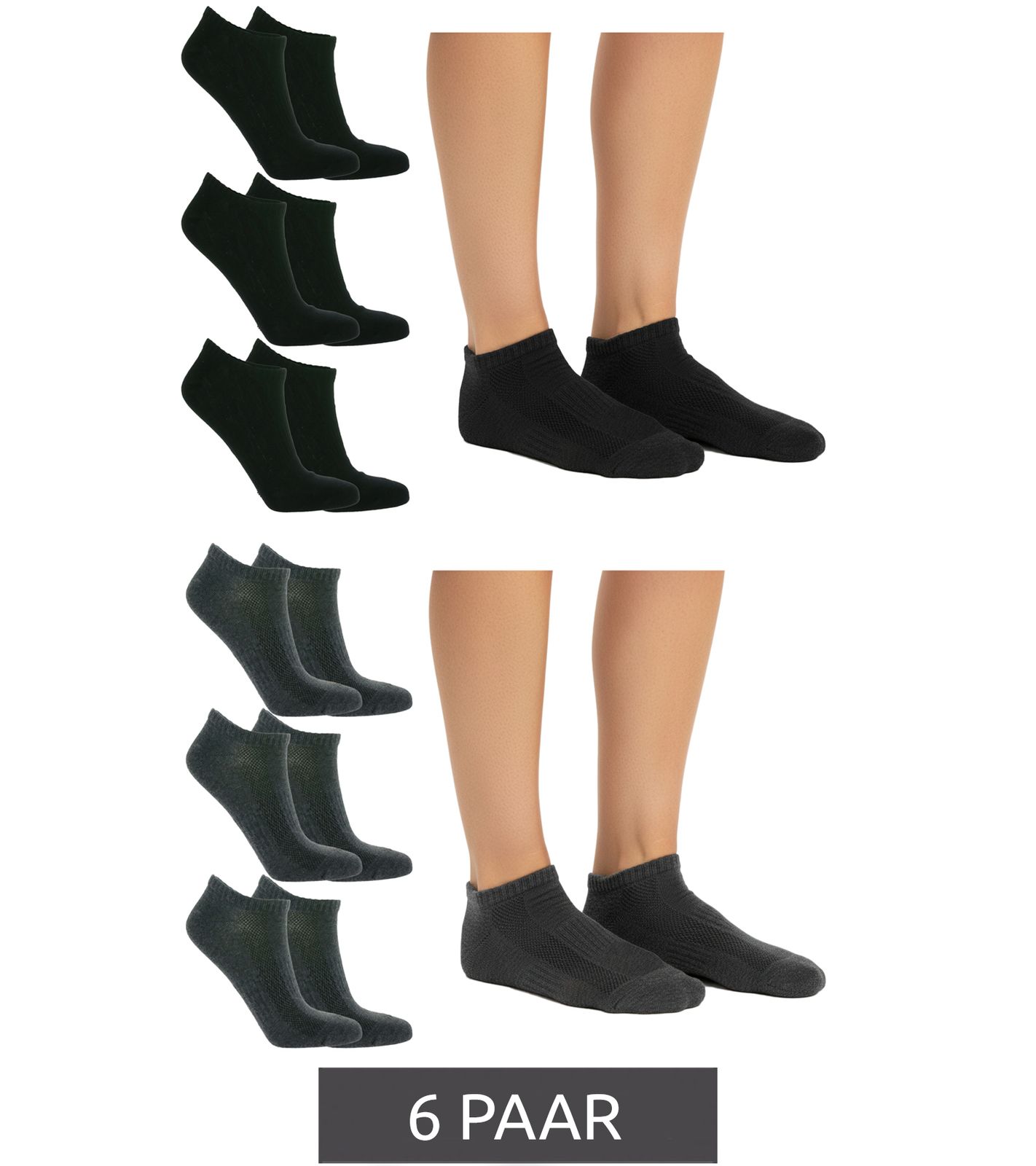 6 Paar TASTIQ Damen Sneaker-Socken schlichte Baumwoll-Socken in Geschenkbox Kinder Sport-Socken Grau oder Schwarz
