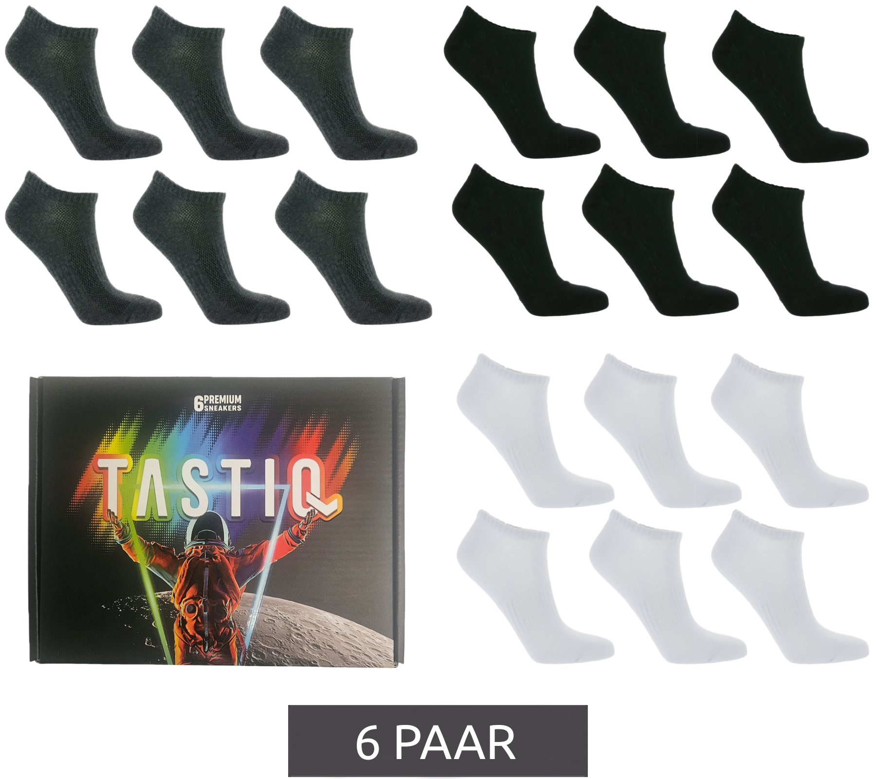 6 Paar TASTIQ Sneaker-Socken schlichte Baumwoll-Socken in Geschenkbox Sport-Socken Schwarz, Grau oder Weiß