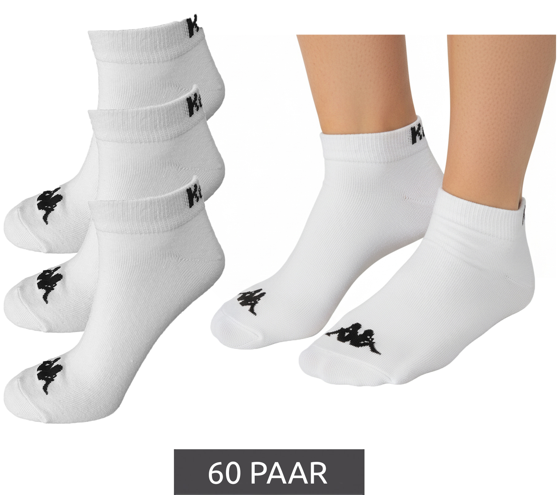 60 Paar Kappa Sportsocken Sneaker-Socken Baumwoll-Strümpfe mit Logo 3112YCW A00 Weiß