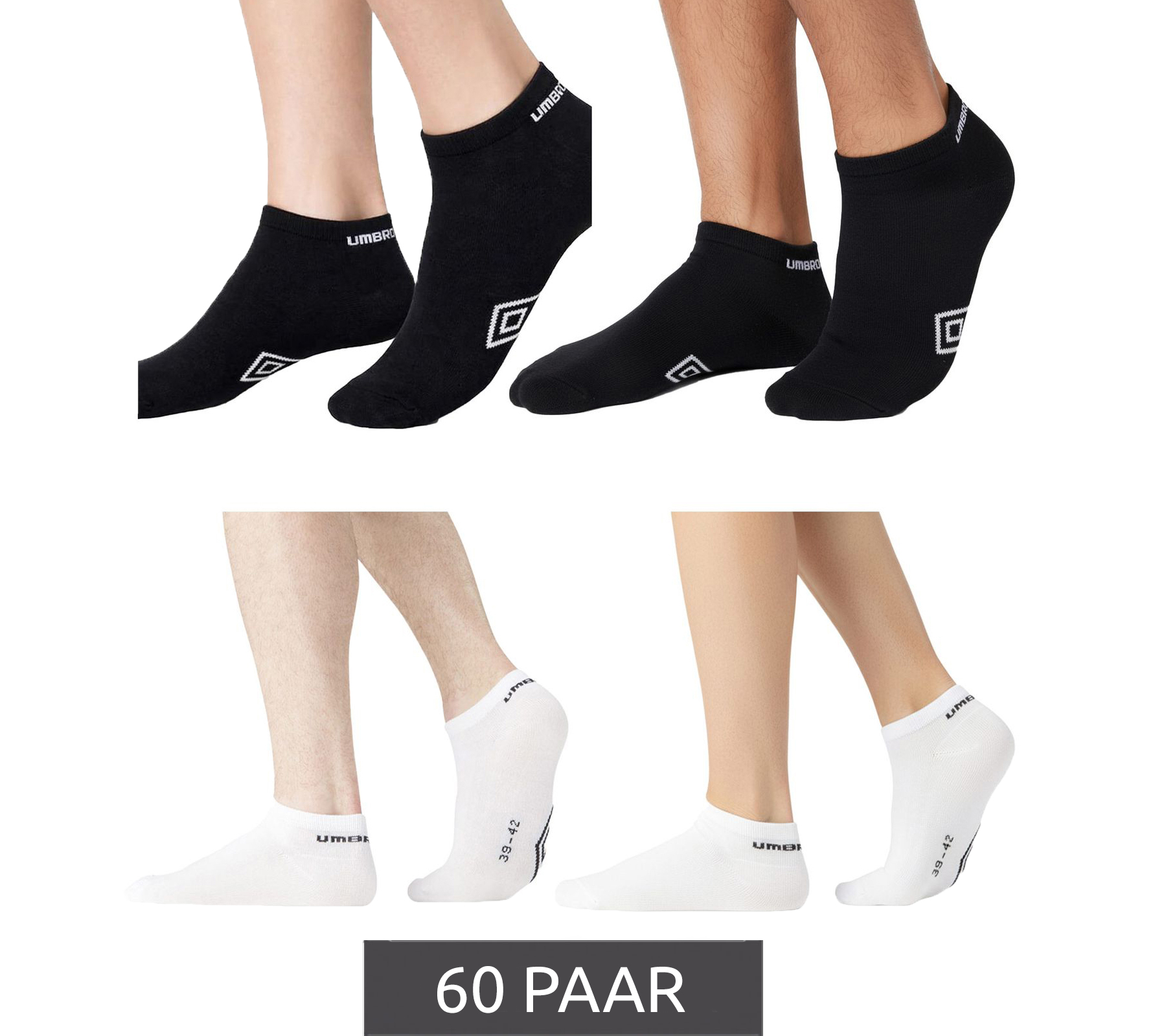 60 Paar umbro Herren und Damen Sport Socks Sneaker-Socken Strümpfe Oeko-Tex Standard 100 in Schwarz oder Weiß