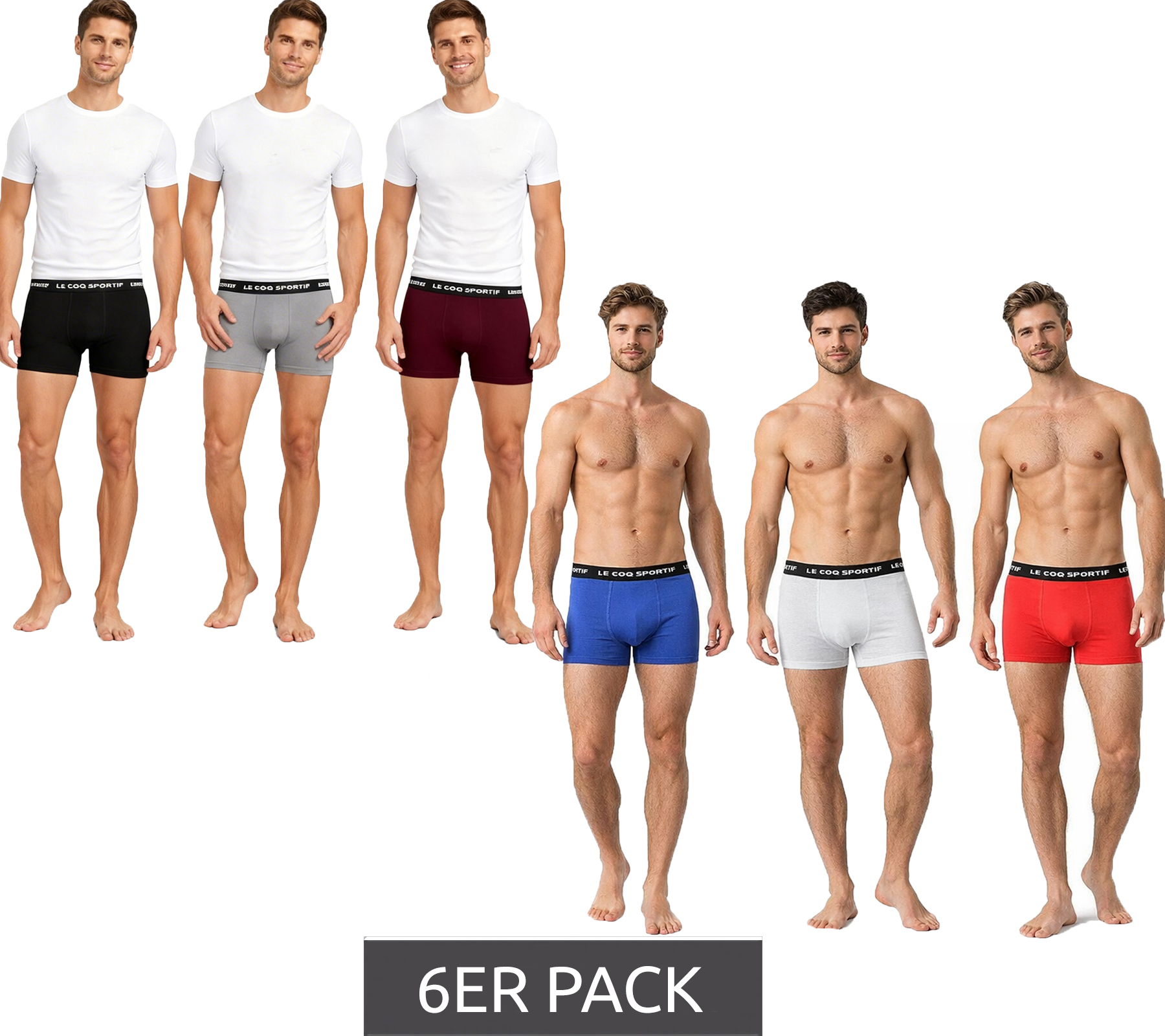 6er Pack Le Coq Sportif Basic Boxer Herren Boxer-Shorts Baumwoll-Unterhose Unterwäsche Grau/Bordeaux/Schwarz oder Rot/Hell-Grau/Blau