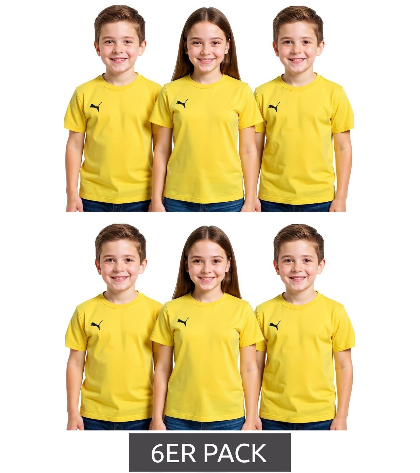 6er Pack PUMA TeamGoal 23 Casual Kinder Sport-Shirt für Jungen & Mädchen Baumwoll T-Shirt mit Logo-Stickerei 656709 07 Gelb