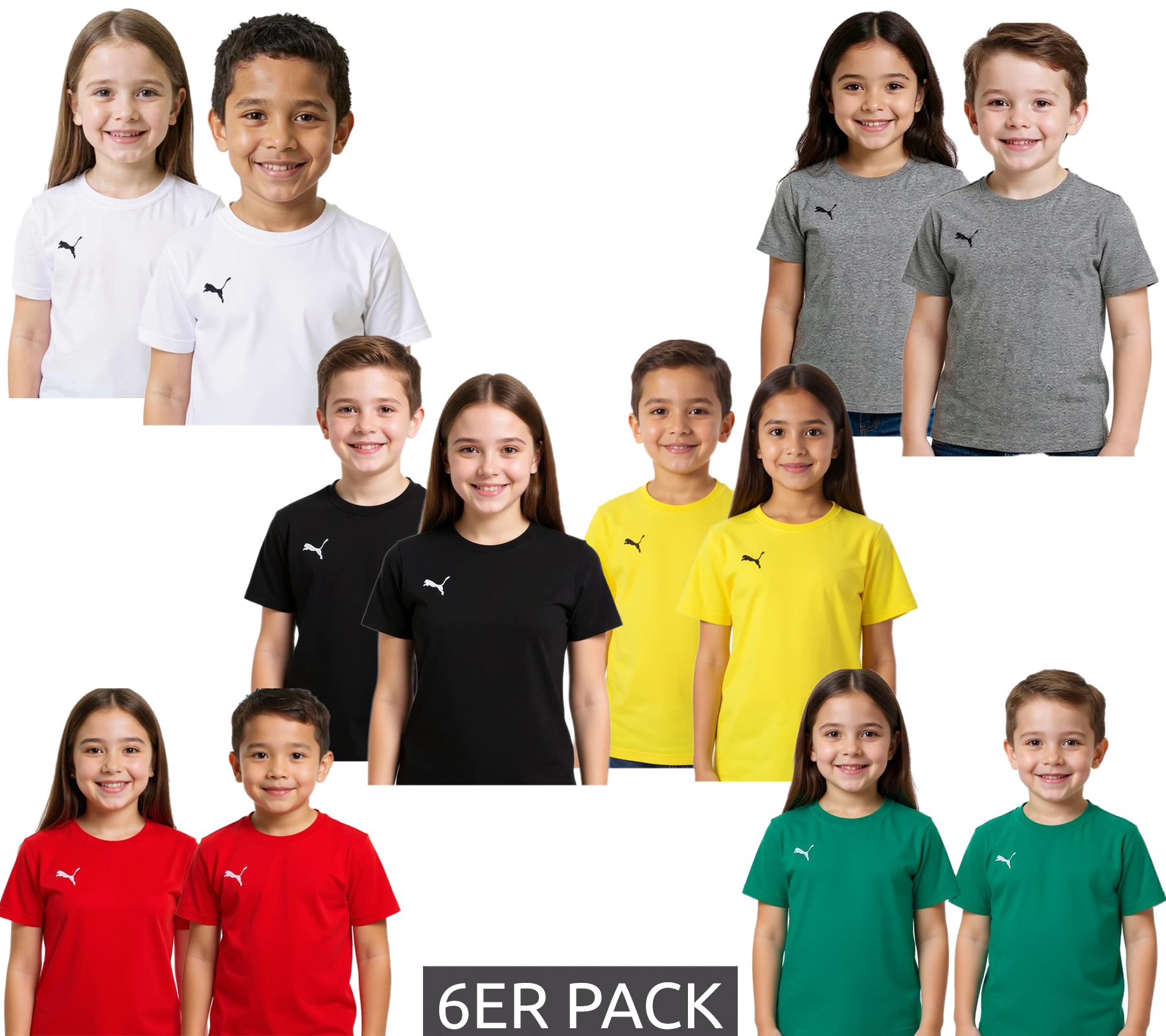6er Pack PUMA TeamGoal 23 Jungen & Mädchen Sport-Shirt Baumwoll-Shirt mit Logo-Patch T-Shirt 656709 in Grün, Schwarz, Grau, Gelb, Rot oder Weiß
