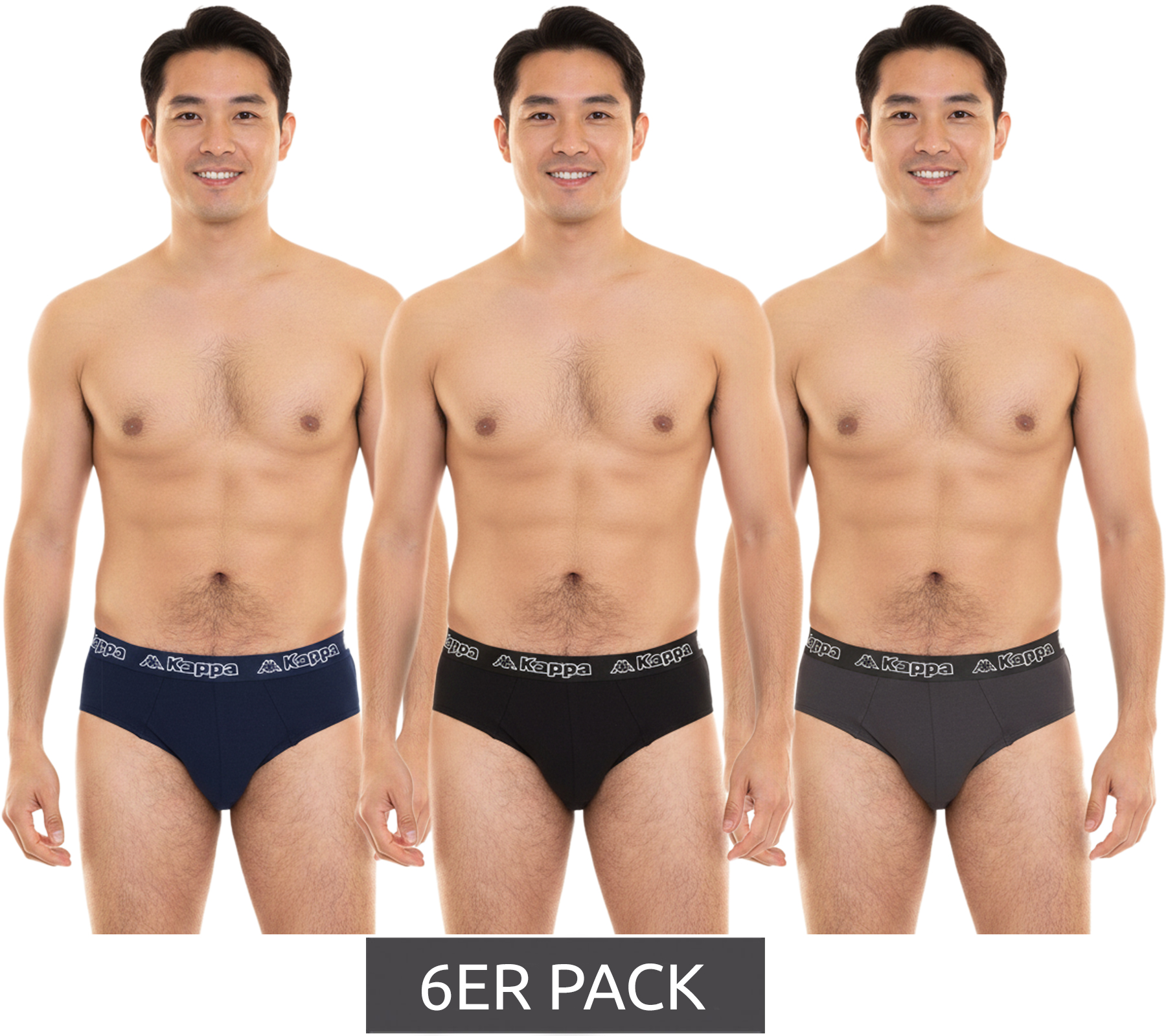 6er Sparpack Kappa Herren Slip mit Baumwoll-Stretch Unterwäsche mit Logobund Unterhose 711167 Schwarz, Blau oder Grau