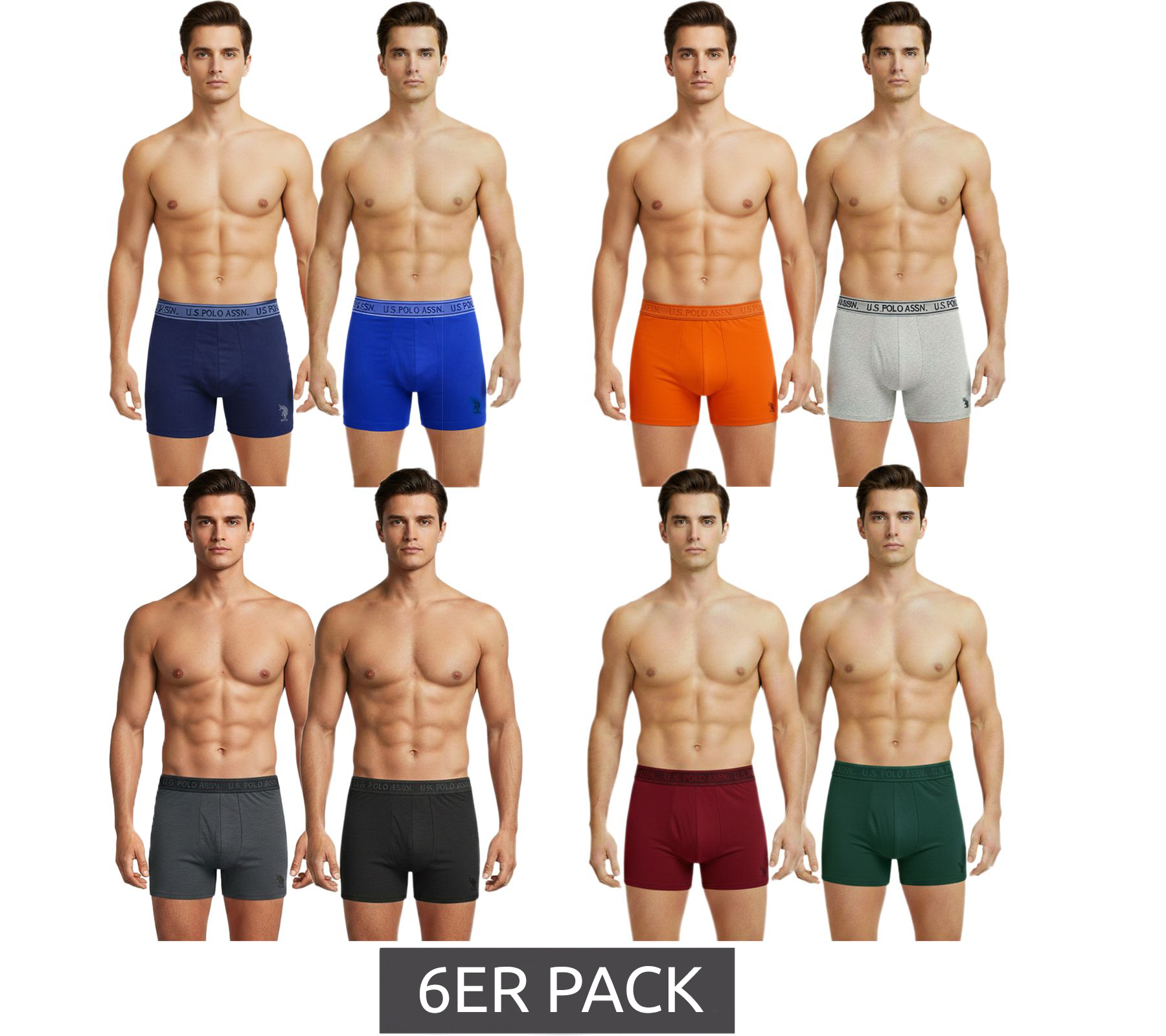 6er Sparpack U.S. POLO ASSN. Premium Herren Boxershorts Unterhose nachhaltige Unterwäsche 180 g/m² 134 68262 53696 in Royal-Blau/Navy, Dunkel-Grün/Wein-Rot, Orange/Grau Melange oder Dunkel-Grau/Schwarz