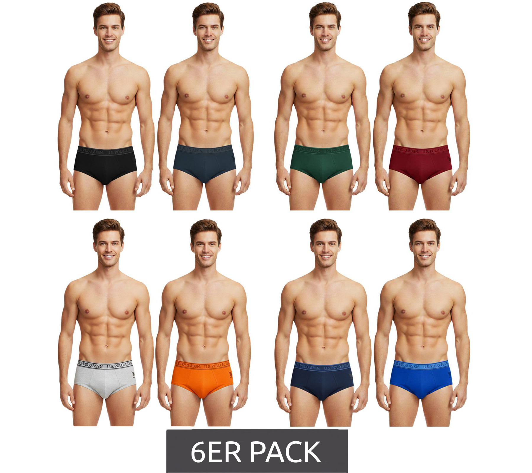 6er Sparpack U.S. POLO ASSN. Premium Herren Slips Unterhose nachhaltige Unterwäsche 180 g/m² 134 68263 53696 in Grau/Schwarz, Blau/Navy, Grün/Rot, Orange/Grau