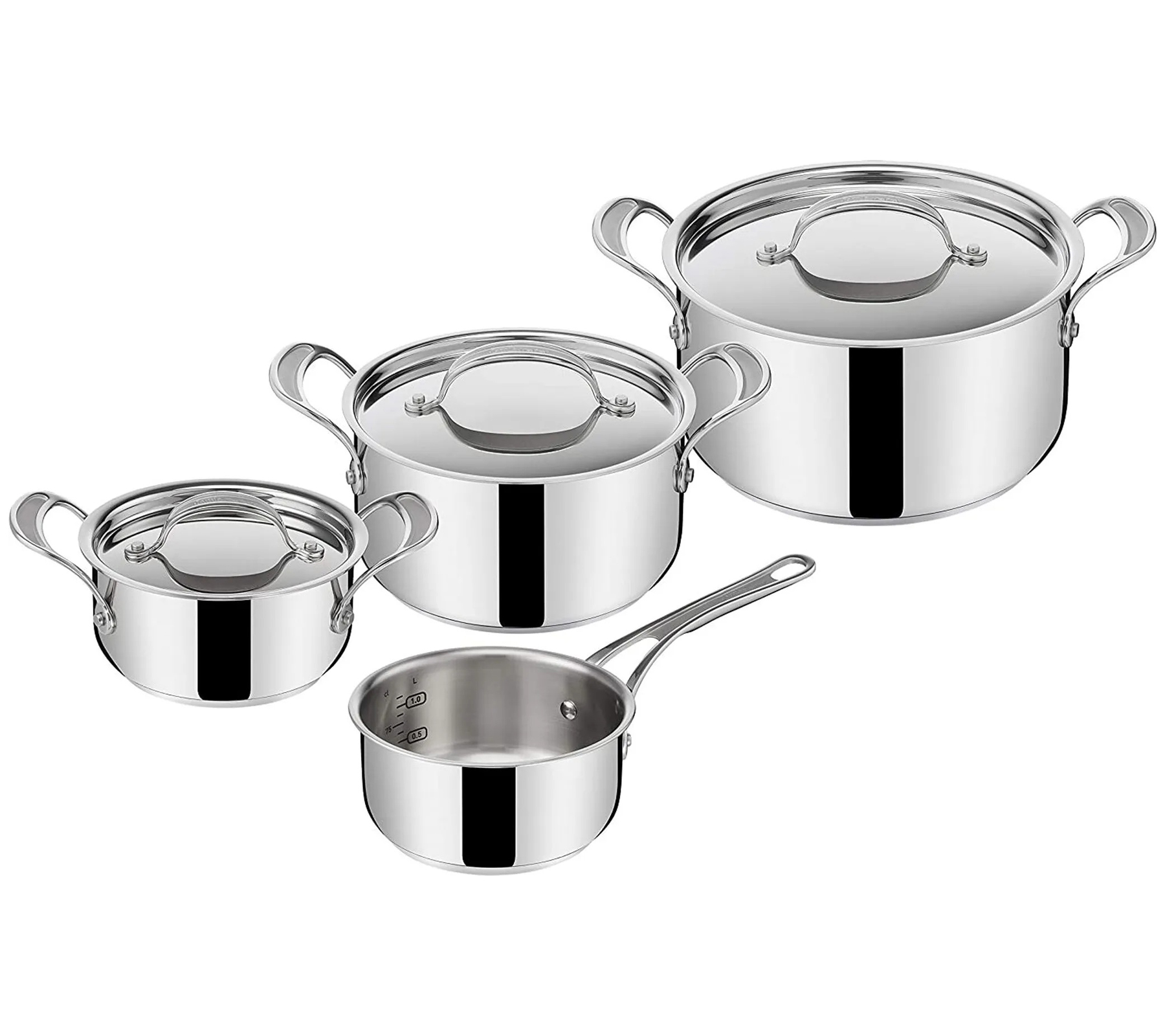 7-Teiliges Tefal Classic Topf-Set von Jamie Oliver Edelstahl mit Messskala für alle Herdarten Stielkasserolle Töpfe E307S7 Silber