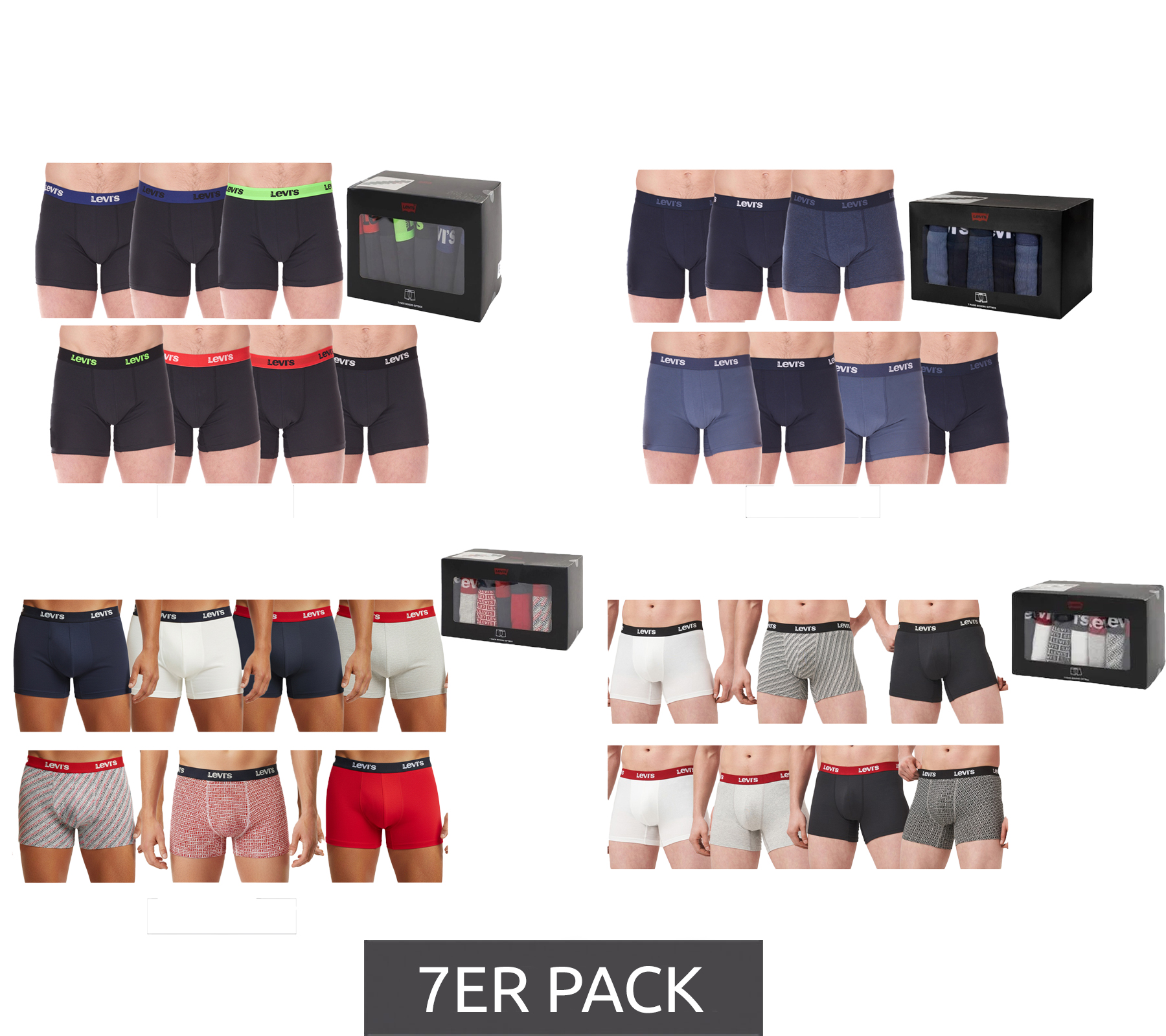 7er Pack LEVI`S Herren Boxershorts Baumwoll-Unterwäsche mit farblichen Akzenten am Bund in Geschenkbox 701225625 00 in Schwarz/Blau/Bunt