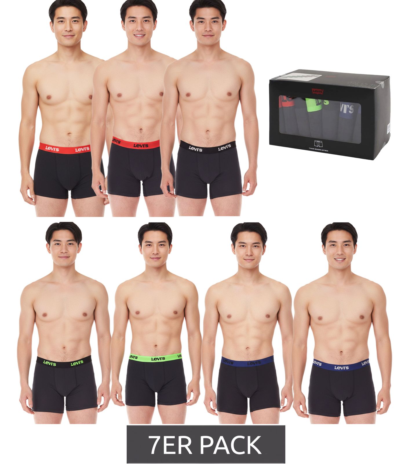 7er Pack LEVI`S Herren Boxershorts Baumwoll-Unterwäsche mit farblichen Akzenten am Bund in Geschenkbox 701225625 001 Schwarz/Grün/Blau/Rot