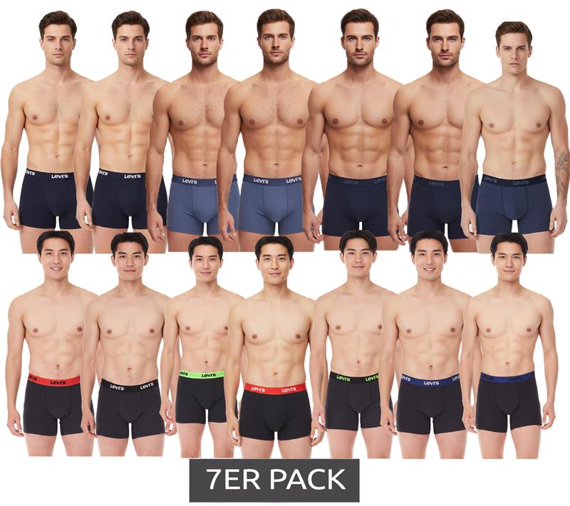7er Pack LEVI`S Herren Boxershorts Baumwoll-Unterwäsche mit farblichen Akzenten am Bund in Geschenkbox 701225625 Schwarz oder Blau
